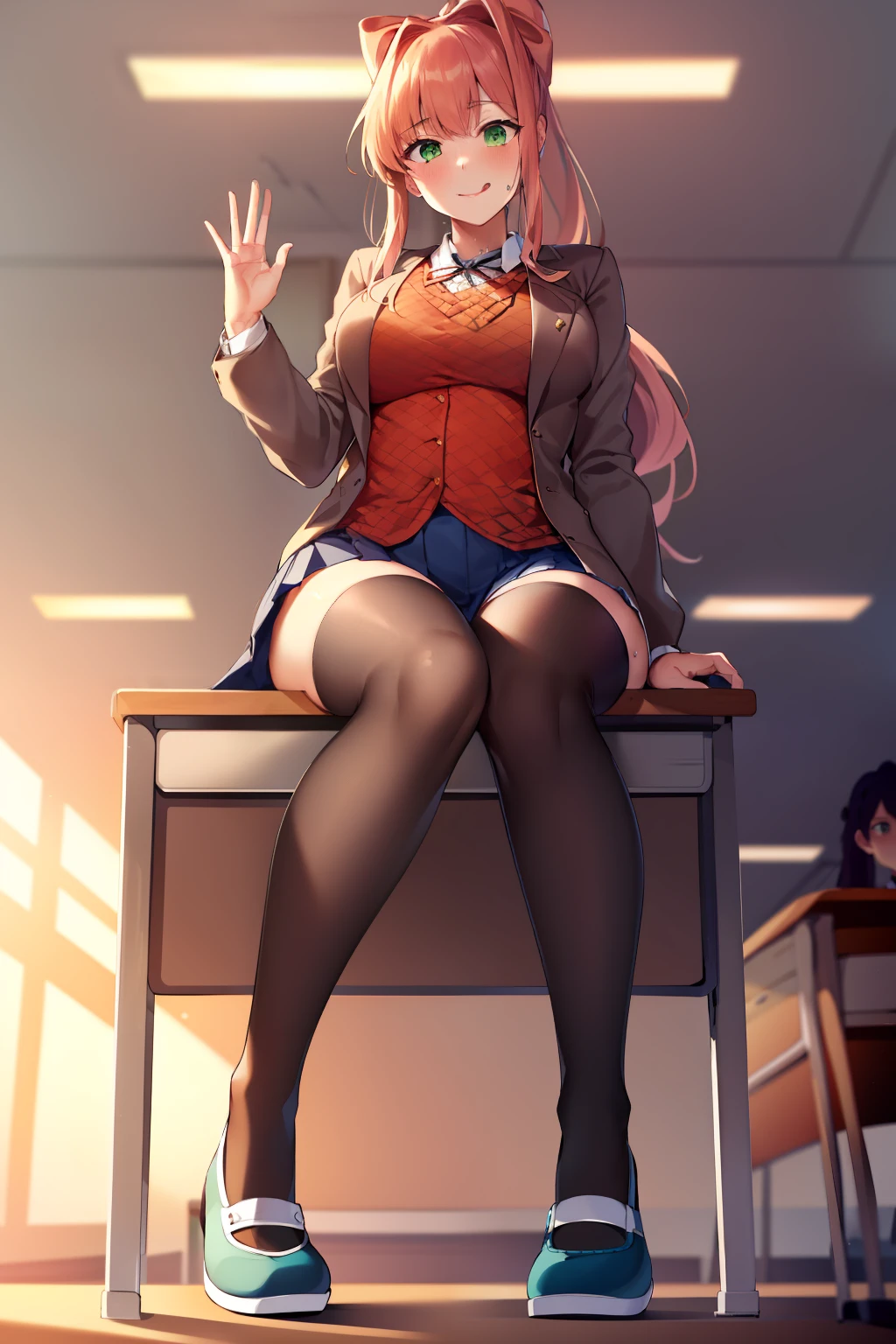 2d, masterpiece, best quality, anime, highly detailed, 1girl, solo, monika, green eyes, very long hair, ponytail, school uniform, straight-on, smile, (full body:1.5), giantess, smile, (from below:1.5), thick thighs, looking down at viewer, upskirt, (large breasts:1.3), field, (looming:1.3), mature female, high quality, hd quality, masterpiece, photorealistic, shoe soles, close-up foot, intense angle, :d, (sitting on desk:1.6), very low angle, female pervert, toragao, (sitting:1.5), (white undershirt, orange sweater:1.2), (brown jacket:1.4), (absolute territory, black thighhighs:1.4), (uwabaki:1.5), full body in frame, (classroom, indoors:1.3), clasroom desk, blue skirt, (hand on desk:2), (one hand at side:1.6), (licking lips, licking own lips:1.1), (sweat:1.2),