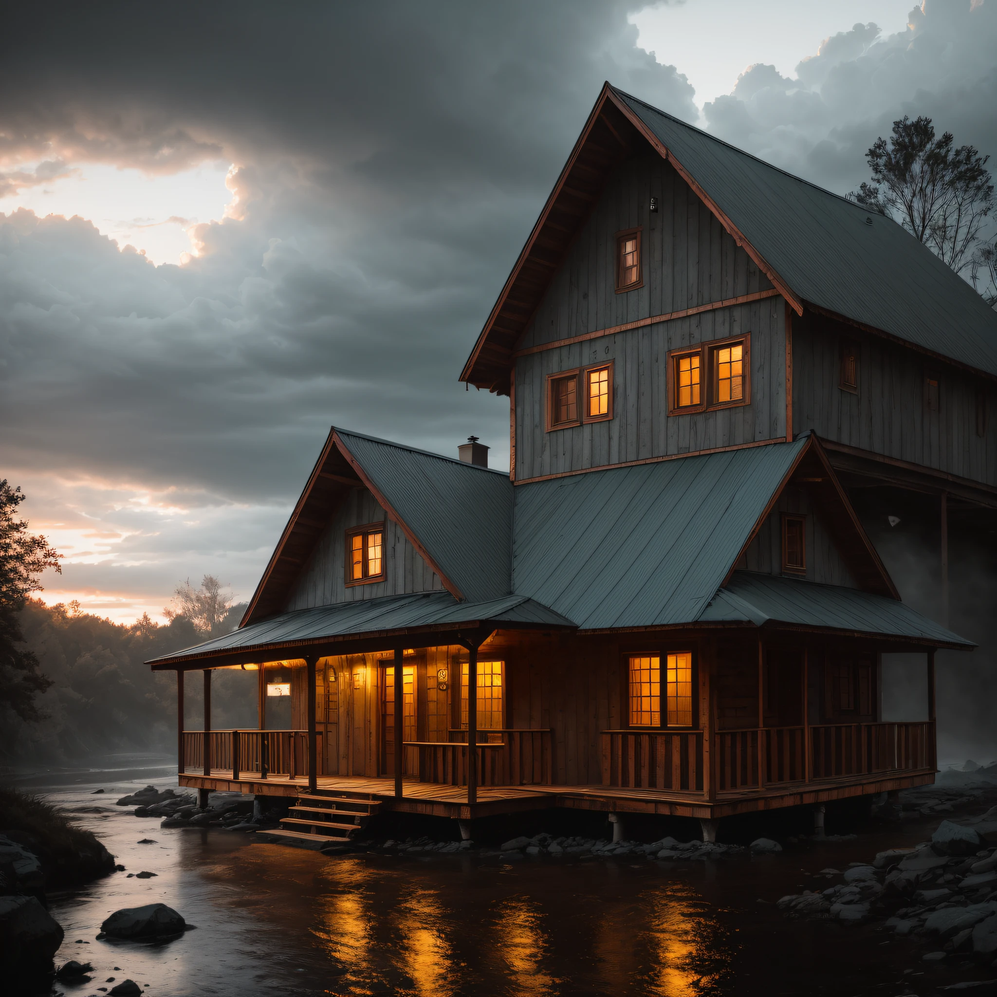 A wooden cabin on the bank of a river, cloudy day, end of day, magic hour, realistic epic, portrait of, James Gilleard, by Joe Fenton, by Kaethe Butcher, yellow gradient, black, brown and magenta color scheme, grunge aesthetic!! soft cinematic light, adobe lightroom, photo lab, hdr, intricate, highly detailed, (depth of field: 1.4), faded, (neutral colors: 1.2), (hdr: 1.4) , (soft colors:1.2), hyperdetailed, (artstation:1.4), cinematic, warm lights, dramatic light, (intricate details:1.1), complex background, (rutkowski:0.66), (blue and orange:0.4)
