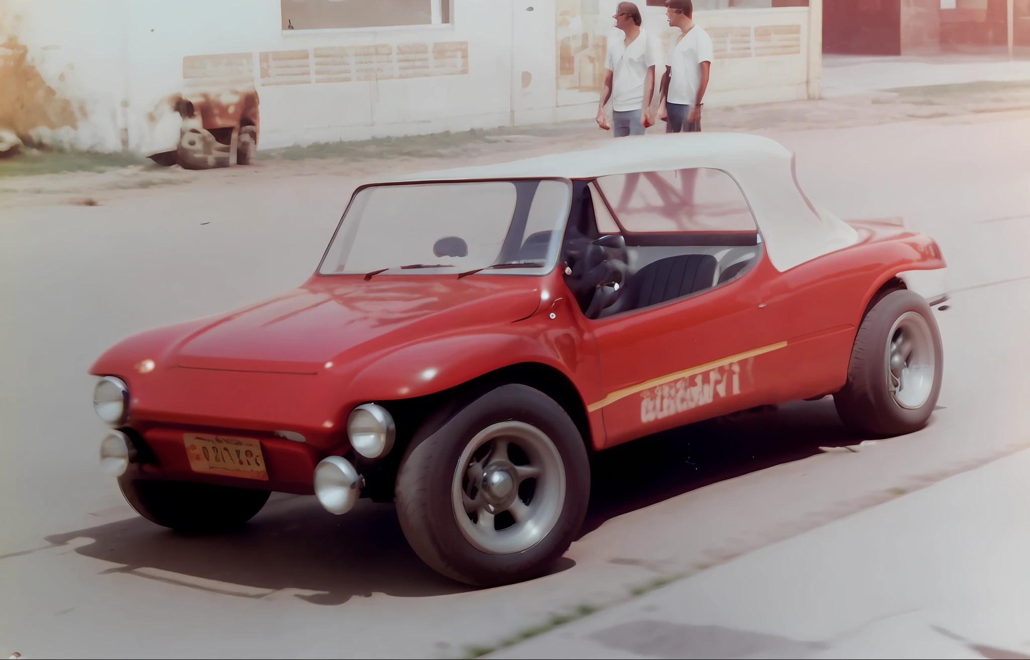 there is a red car parked on the side of the road, buggy, late 1 9 6 0's, year 1 9 7 0, 1980 cars, 1979, 1 9 7 9, 1 9 7 0's, 1970's, 1961”, 1969, 1 9 6 9