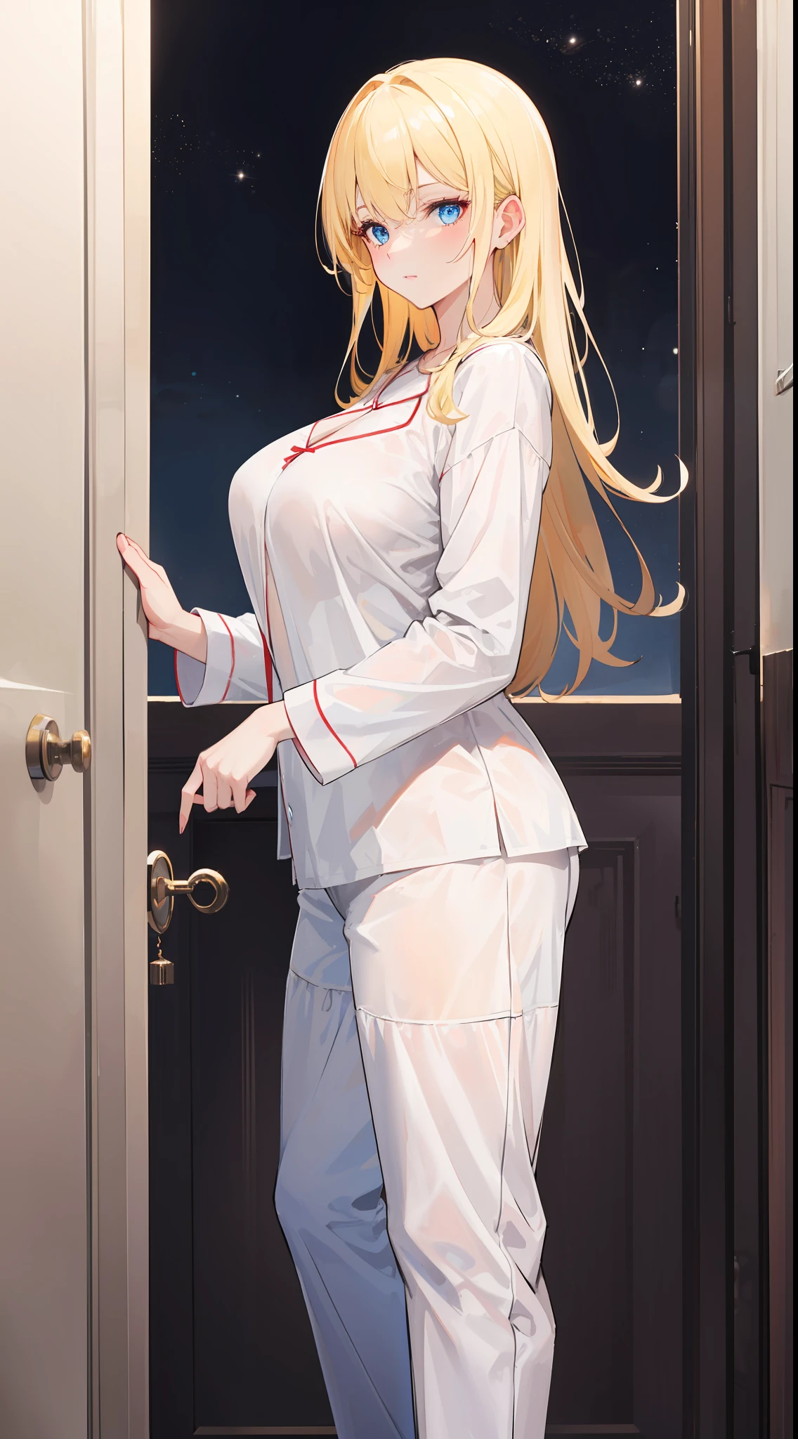 Create a dark and atmospheric night scene featuring a mature milf wear white pajamas with vibrant blonde long hair and captivating blue eyes. She standing before bedroom door. Her face was pale ((milf))
