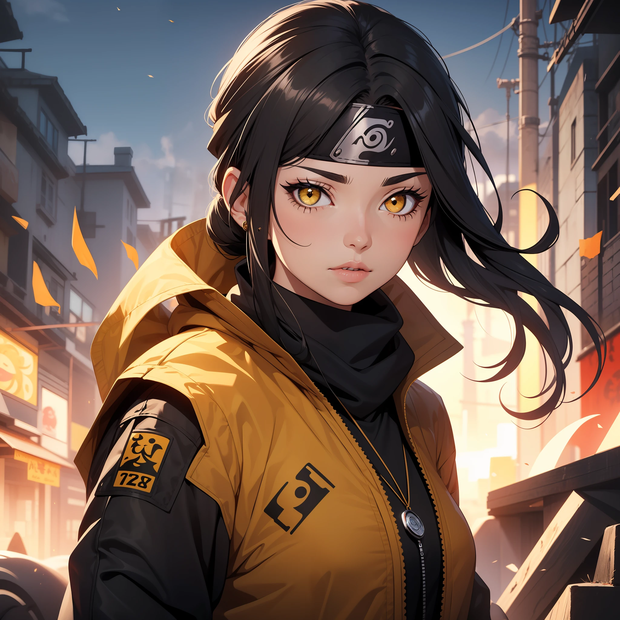 Female character with long black hair with huge and split bangs completely covering one eye, yellow eyes with a black dot in the middle, large middle lips with brown Baton, thin eyebrows, big nose, alone, jacket, black ninja outfit, necklace, hair tied, bandana on the neck. Naruto art.