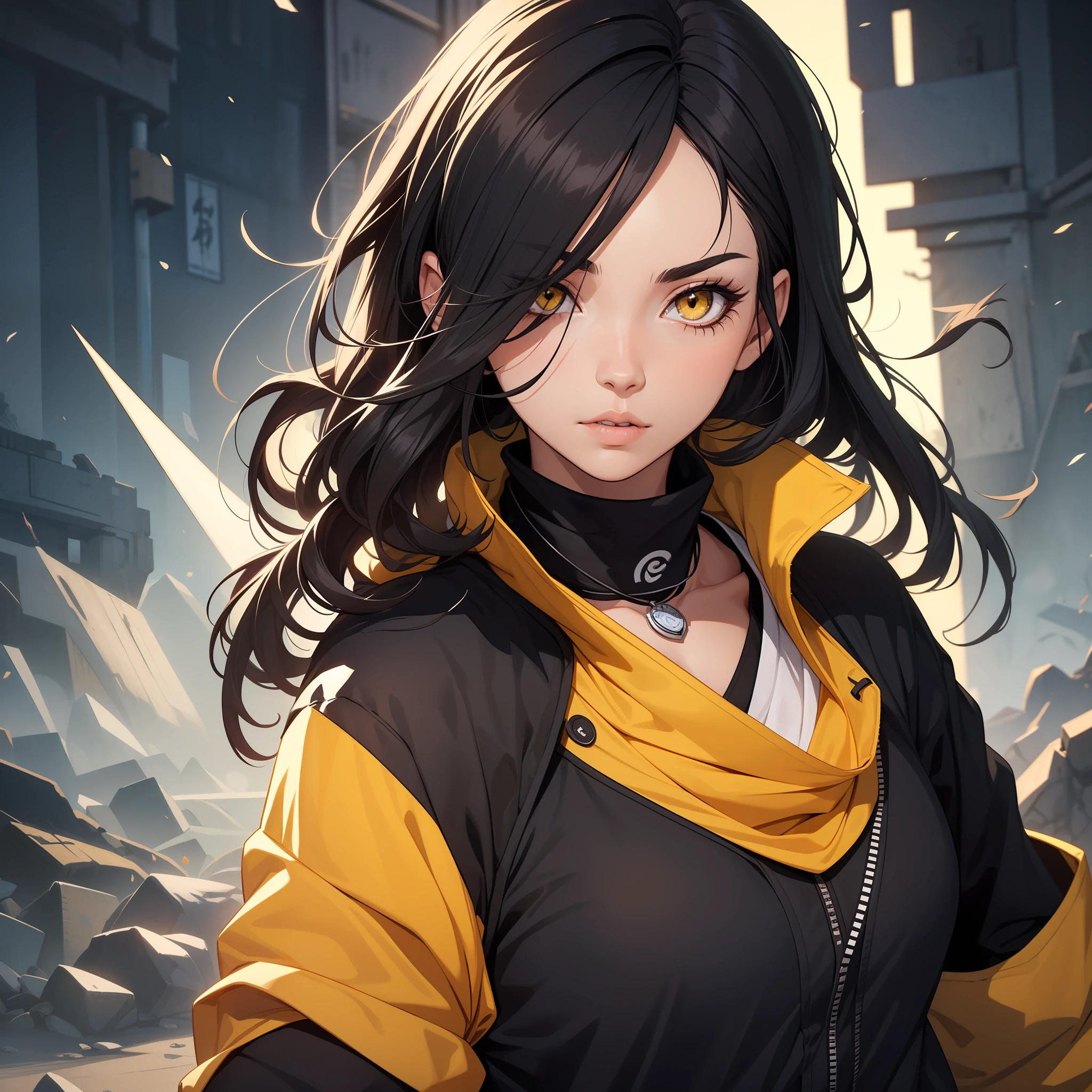 Female character with long black hair with huge and split bangs completely covering one eye, yellow eyes with a black dot in the middle, large middle lips with brown Baton, thin eyebrows, big nose, alone, jacket, black ninja outfit, necklace, hair tied, bandana on the neck. Naruto art.