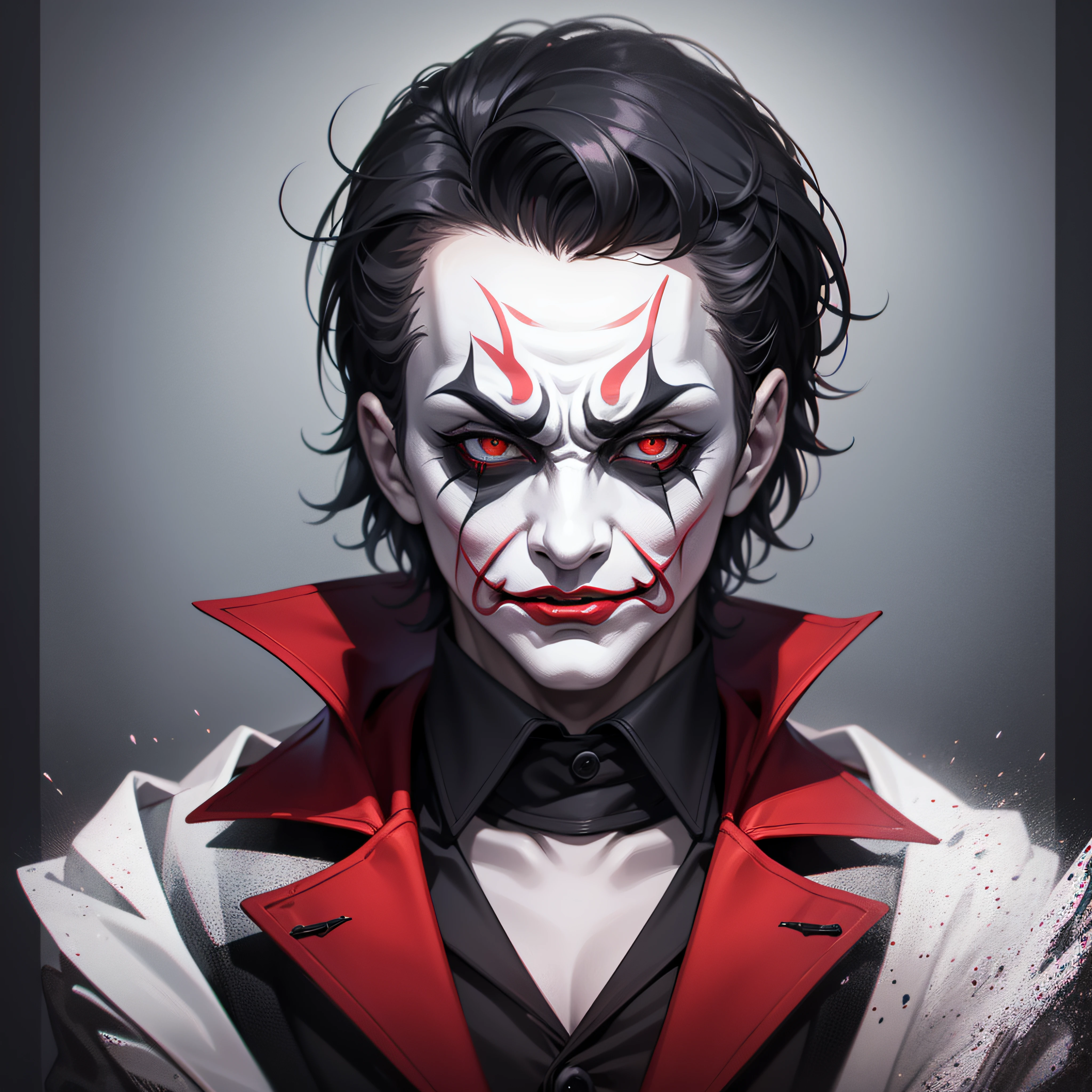 Dark joker, with white face, black hair, red eyes, black background, high resolution, 4k, sinister