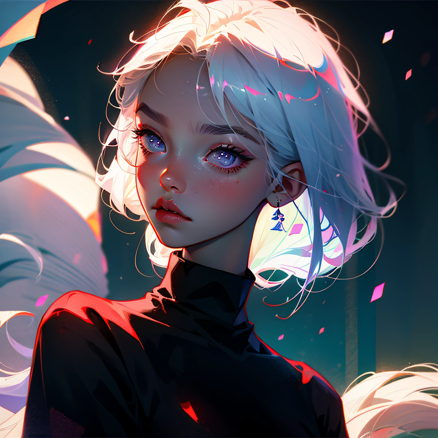 Silver hair, purple pupils, anime dude, modern, turtleneck black sweater, HD, 8k --auto
