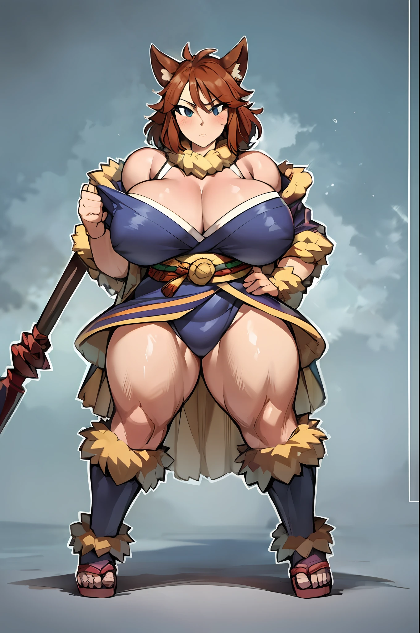 beargirl, tomboy, short hair, musclegirl, curvy, huge breast,kemono mimi, berserker, barbarian, full body suit,kimono, alone, full body suit, village