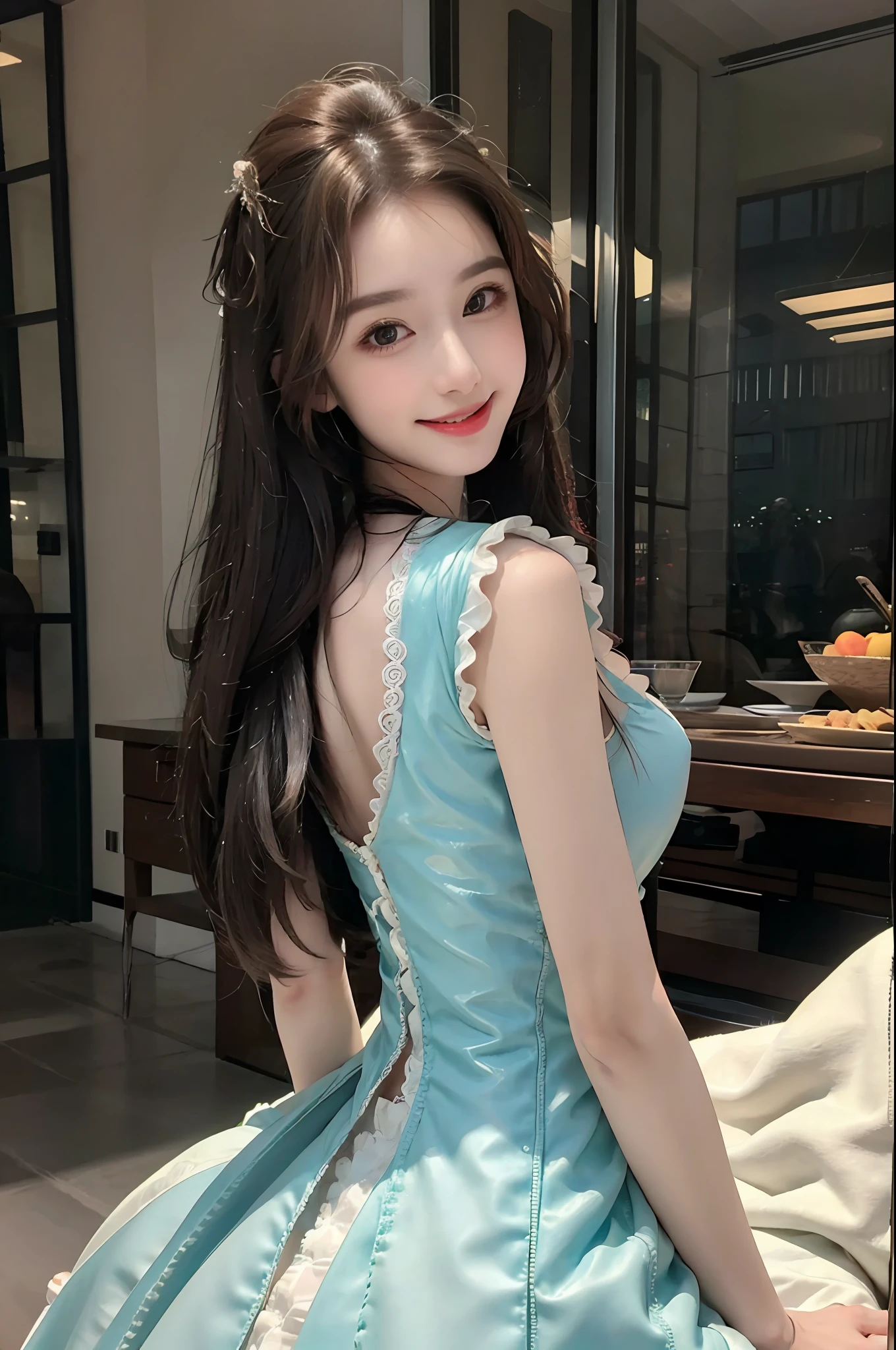 realistic, high resolution, 1 girl, long hair, Korean, smile, slightly hunched, big breasts: 1.2, (((Lolita dress))), back turn, kitchen, fruit, real photo, reclining