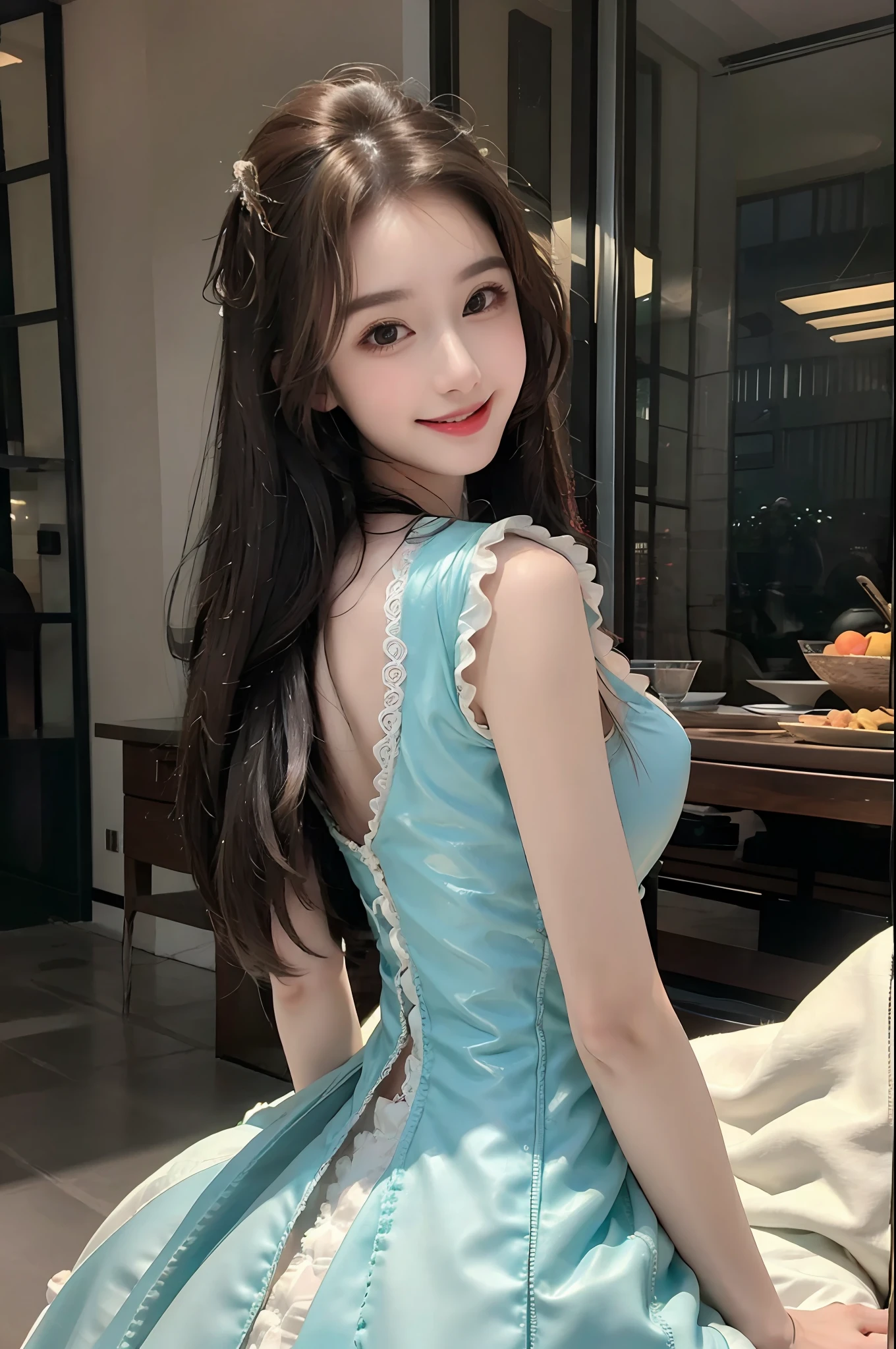 realistic, high resolution, 1 girl, long hair, Korean, smile, slightly hunched, big breasts: 1.2, (((ta dress))), back turn, kitchen, fruit, real photo, reclining