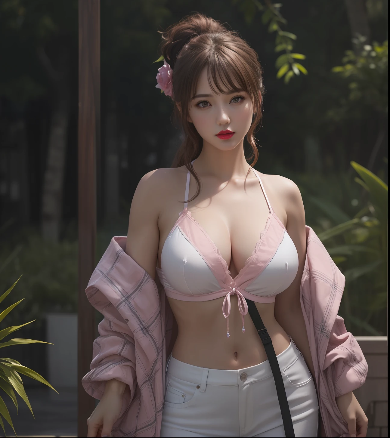 (masterpiece, best quality, extremely detailed 8k, ultra hd, ultra-detailed, highly detailed, highly realistic, ultra-realistic, photo realistic), (1girl:1.5), (detailed realistic skin), (realistic big breasts), (pink lipstick), slender abs,