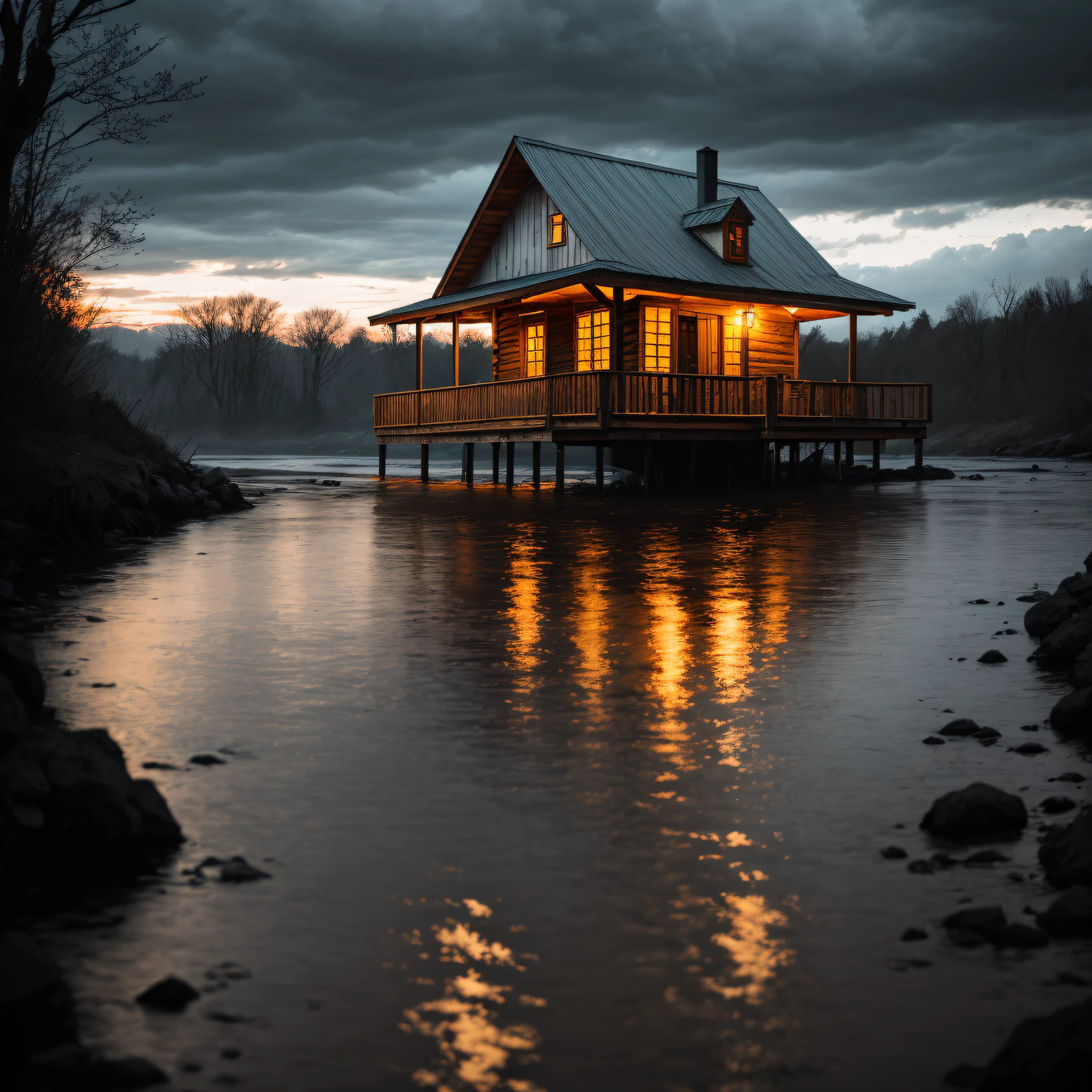 A wooden cabin on the bank of a river, cloudy day, end of day, magic hour, realistic epic, portrait of, James Gilleard, by Joe Fenton, by Kaethe Butcher, yellow gradient, black, brown and magenta color scheme, grunge aesthetic!! soft cinematic light, adobe lightroom, photo lab, hdr, intricate, highly detailed, (depth of field: 1.4), faded, (neutral colors: 1.2), (hdr: 1.4) , (soft colors:1.2), hyperdetailed, (artstation:1.4), cinematic, warm lights, dramatic light, (intricate details:1.1), complex background, (rutkowski:0.66), (blue and orange:0.4)