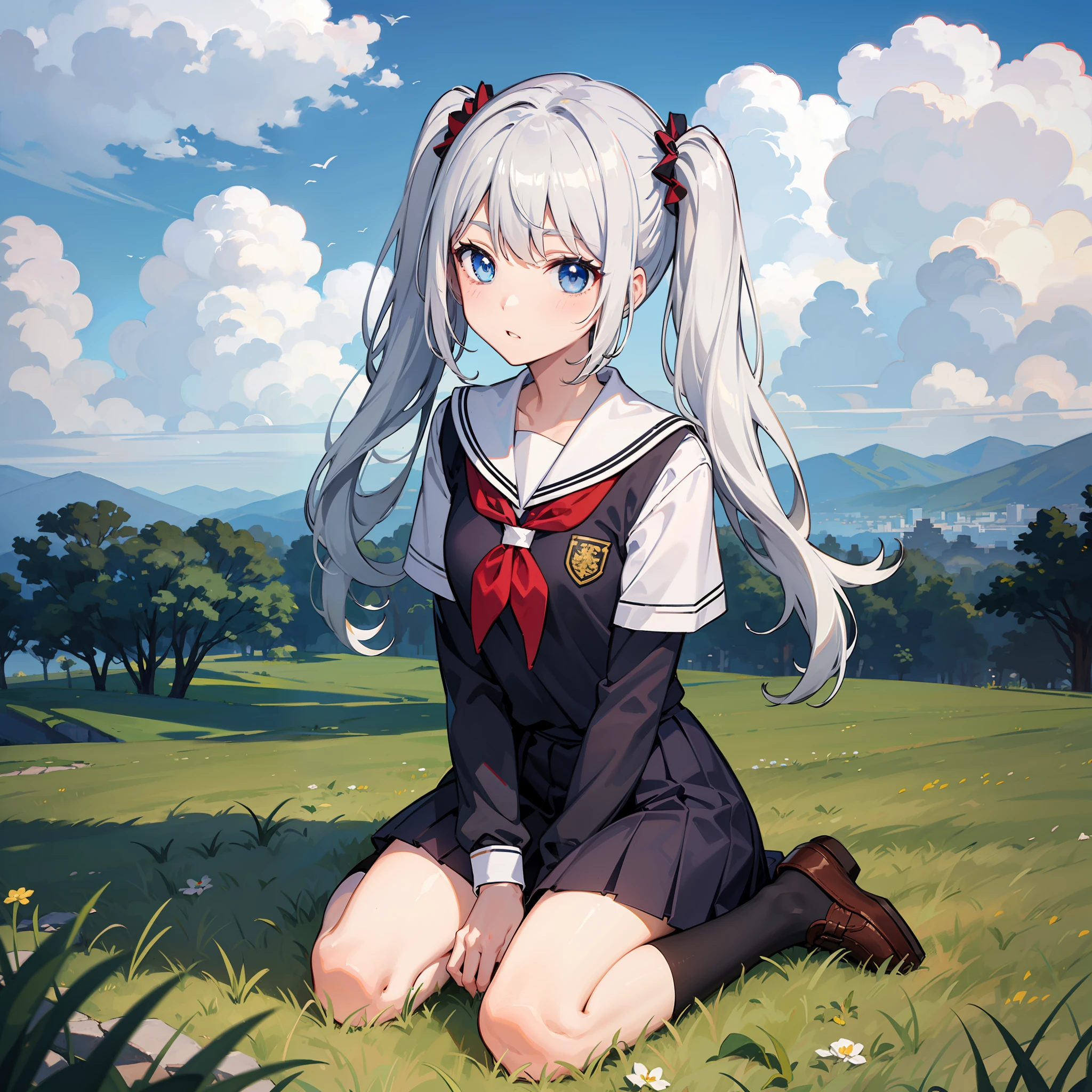 white hair, blue eyes,school uniform, cloudy sky, full body, grass,looking at viewer, wariza, twintails,front,silver hair, sit,