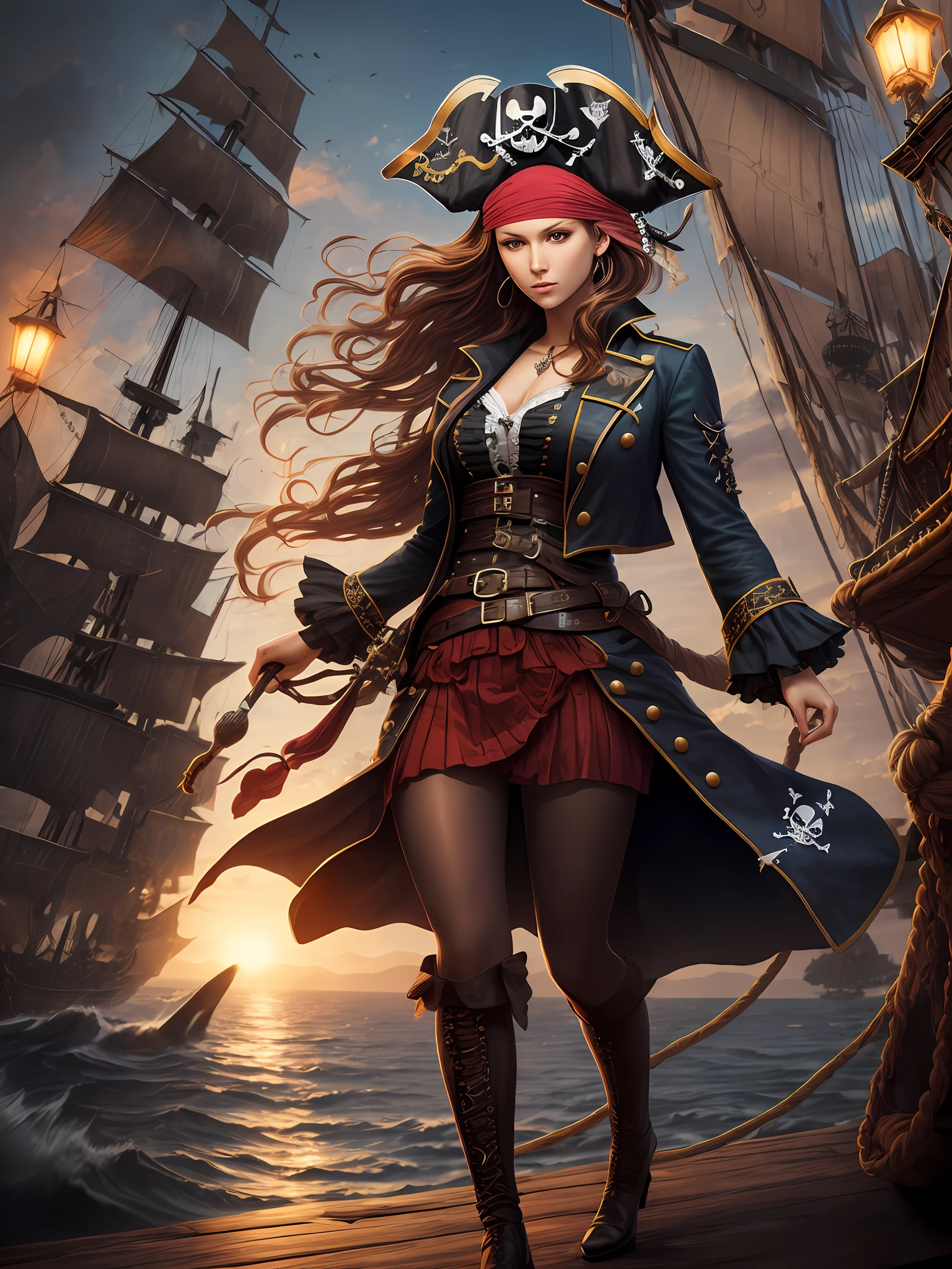 Danielle van de Donk, full body potrait of a photorealistic beautiful woman, (aboard a pirate ship:1.50), intense coloration fantasy, light hair, a stunning realistic photograph 20 years , random colored hair, (multiple women pirates dancing together:1.3), random color eyes, full body, cover, hyperdetailed painting, luminism, octane render, Bar lighting, complex, 8k resolution concept art portrait by Martina Fačková and Prywinko Art, Artgerm, WLOP, Alphonse Mucha, Tony Taka, fractal isometrics details, photorealistic face, hypereallistic cover photo awesome full color, hand drawn, bright, gritty, realistic color scheme, davinci, .12k, intricate. hit definition , Beethoven, cinematic,Rough sketch, mix of bold dark lines and loose lines, bold lines, on paper , real life human --auto