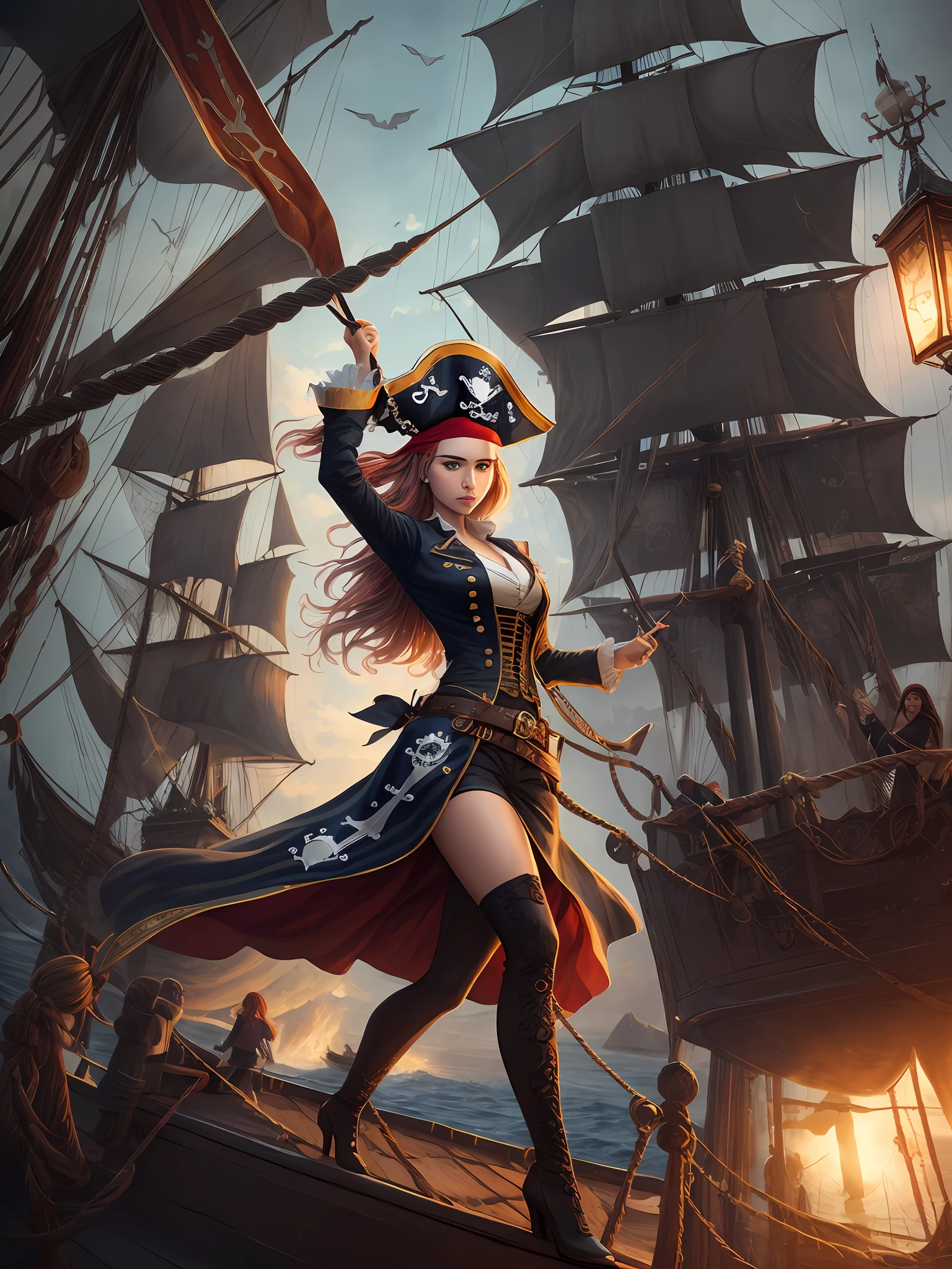 Danielle van de Donk, full body potrait of a photorealistic beautiful woman, (aboard a pirate ship:1.50), intense coloration fantasy, light hair, a stunning realistic photograph 20 years , random colored hair, (multiple women pirates dancing together:1.3), random color eyes, full body, cover, hyperdetailed painting, luminism, octane render, Bar lighting, complex, 8k resolution concept art portrait by Martina Fačková and Prywinko Art, Artgerm, WLOP, Alphonse Mucha, Tony Taka, fractal isometrics details, photorealistic face, hypereallistic cover photo awesome full color, hand drawn, bright, gritty, realistic color scheme, davinci, .12k, intricate. hit definition , Beethoven, cinematic,Rough sketch, mix of bold dark lines and loose lines, bold lines, on paper , real life human --auto