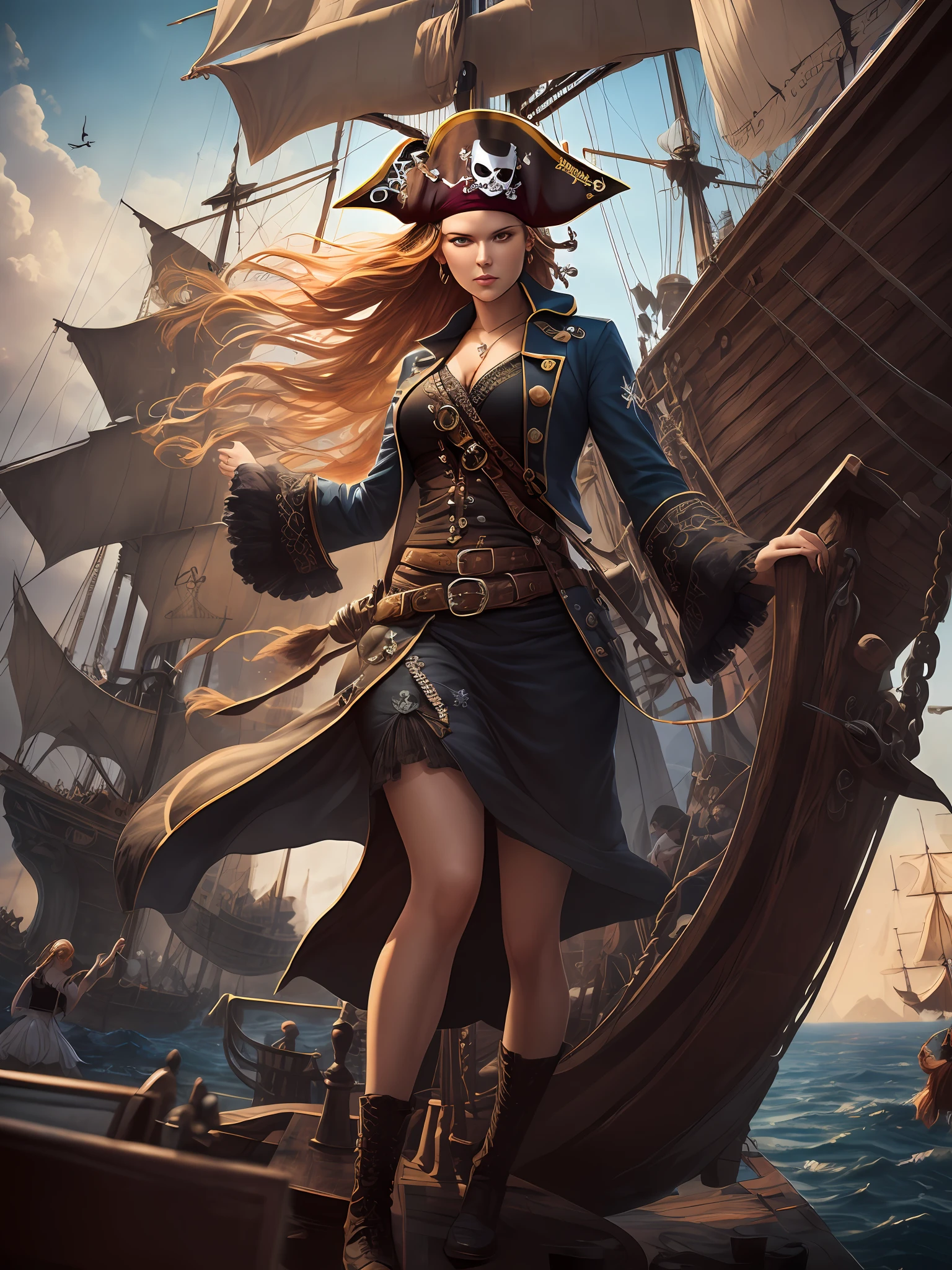 Danielle van de Donk, full body potrait of a photorealistic beautiful woman, (aboard a pirate ship:1.50), intense coloration fantasy, light hair, a stunning realistic photograph 20 years , random colored hair, (multiple women pirates dancing together:1.3), random color eyes, full body, cover, hyperdetailed painting, luminism, octane render, Bar lighting, complex, 8k resolution concept art portrait by Martina Fačková and Prywinko Art, Artgerm, WLOP, Alphonse Mucha, Tony Taka, fractal isometrics details, photorealistic face, hypereallistic cover photo awesome full color, hand drawn, bright, gritty, realistic color scheme, davinci, .12k, intricate. hit definition , Beethoven, cinematic,Rough sketch, mix of bold dark lines and loose lines, bold lines, on paper , real life human --auto