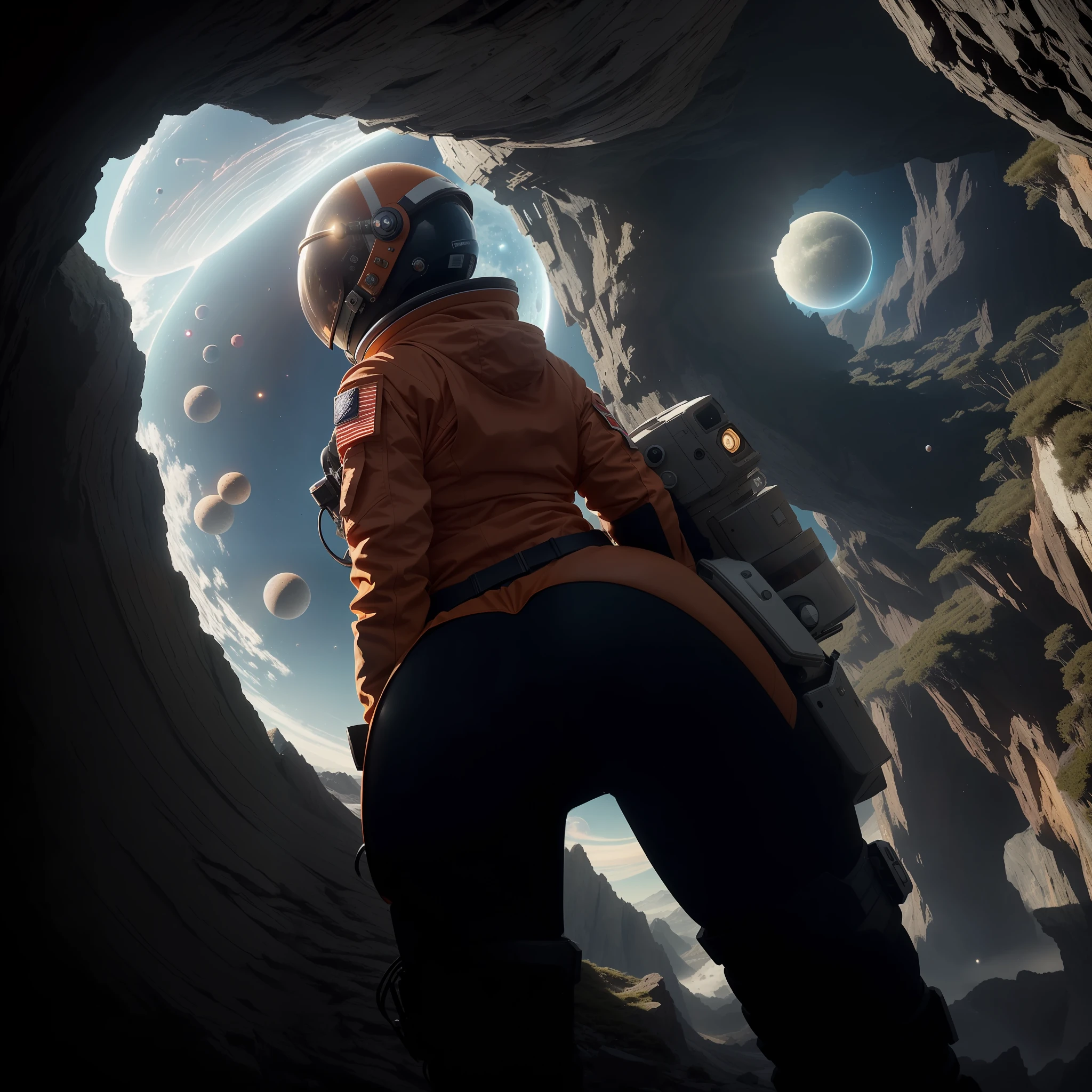 rear angle, Highly detailed RAW color Photo, Rear Angle, Full Body, of (female space soldier, wearing orange and white space suit, helmet, tined face shield, rebreather, accentuated booty), outdoors, (looking up at advanced alien structure, on alien planet), toned body, big butt, (sci-fi), (mountains:1.1), (lush green vegetation), (two moons in sky:0.8), (highly detailed, hyperdetailed, intricate), ((DAY TIME)), (lens flare:0.7), (bloom:0.7), particle effects, raytracing, cinematic lighting, shallow depth of field, photographed on a Sony a9 II, 50mm wide angle lens, sharp focus, cinematic film still from Gravity 2013, from behind