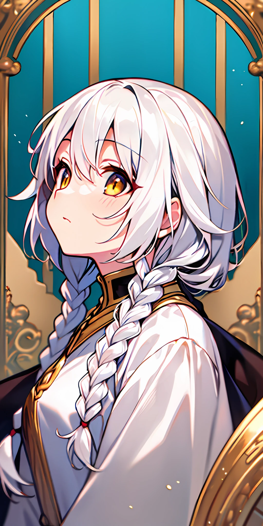 best quality, masterpiece,white hair, gold eyes,white clothes, looking up, upper body,hair strand,Fair skin,side braids