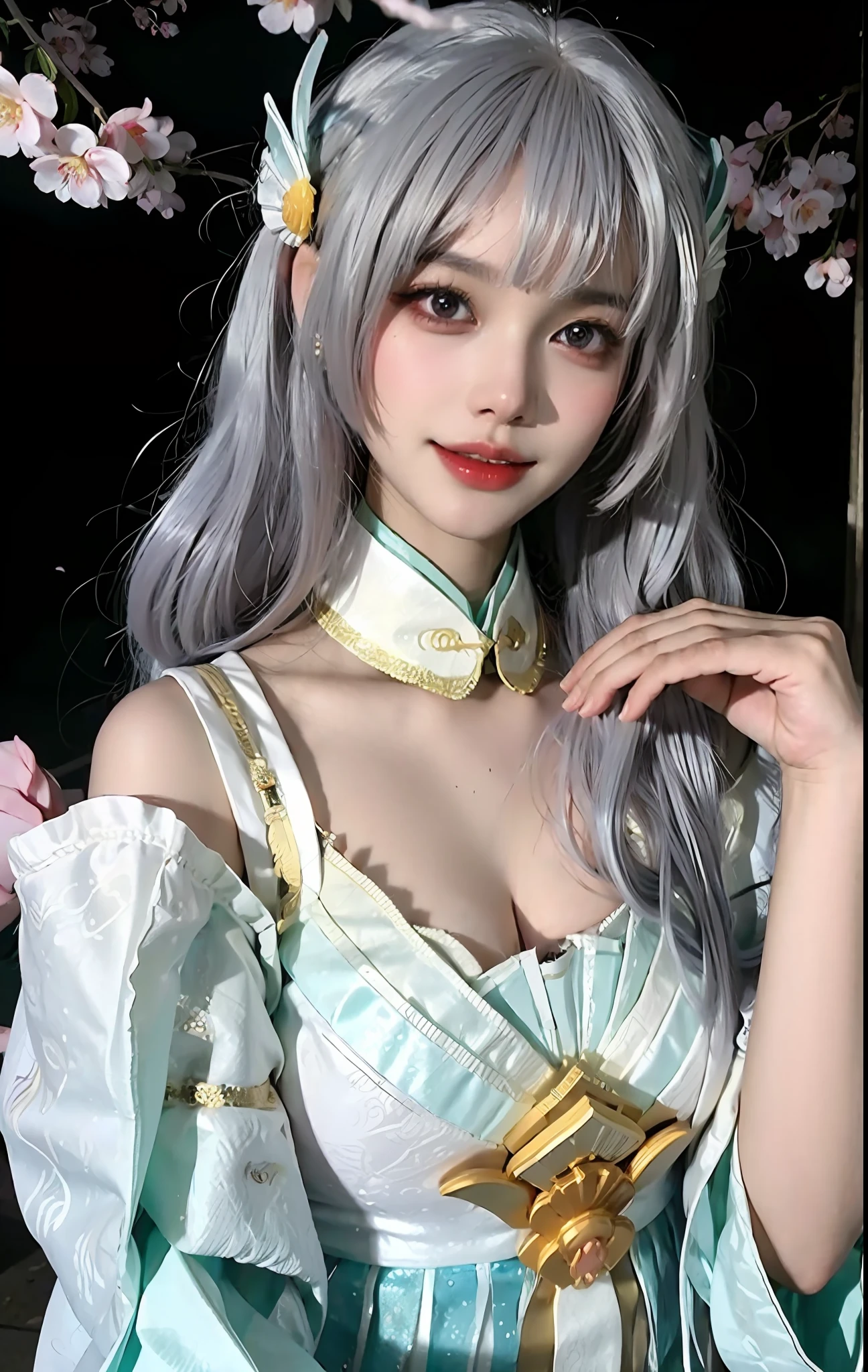 (ulzzang-6500-v1.1:0.8),(raw photo:1.2),((photorealistic:1.4)),(upper body),best quality,masterpiece, very delicate and beautiful, very detailed, CG, unity, 8k wallpaper , amazing, fine detail, masterpiece, best quality, official art, extremely detailed CG unity 8k wallpaper, ridiculous, unbelievably ridiculous, huge file size, super detailed, high resolution, very detailed, beautifully detailed girl, very detailed eyes and face, beautiful detailed eyes, light on the face, movie lighting, 1 girl, looking at the audience, east asian architecture, (blurred background: 1.2), cherry blossoms, lantern lights, depth of field,