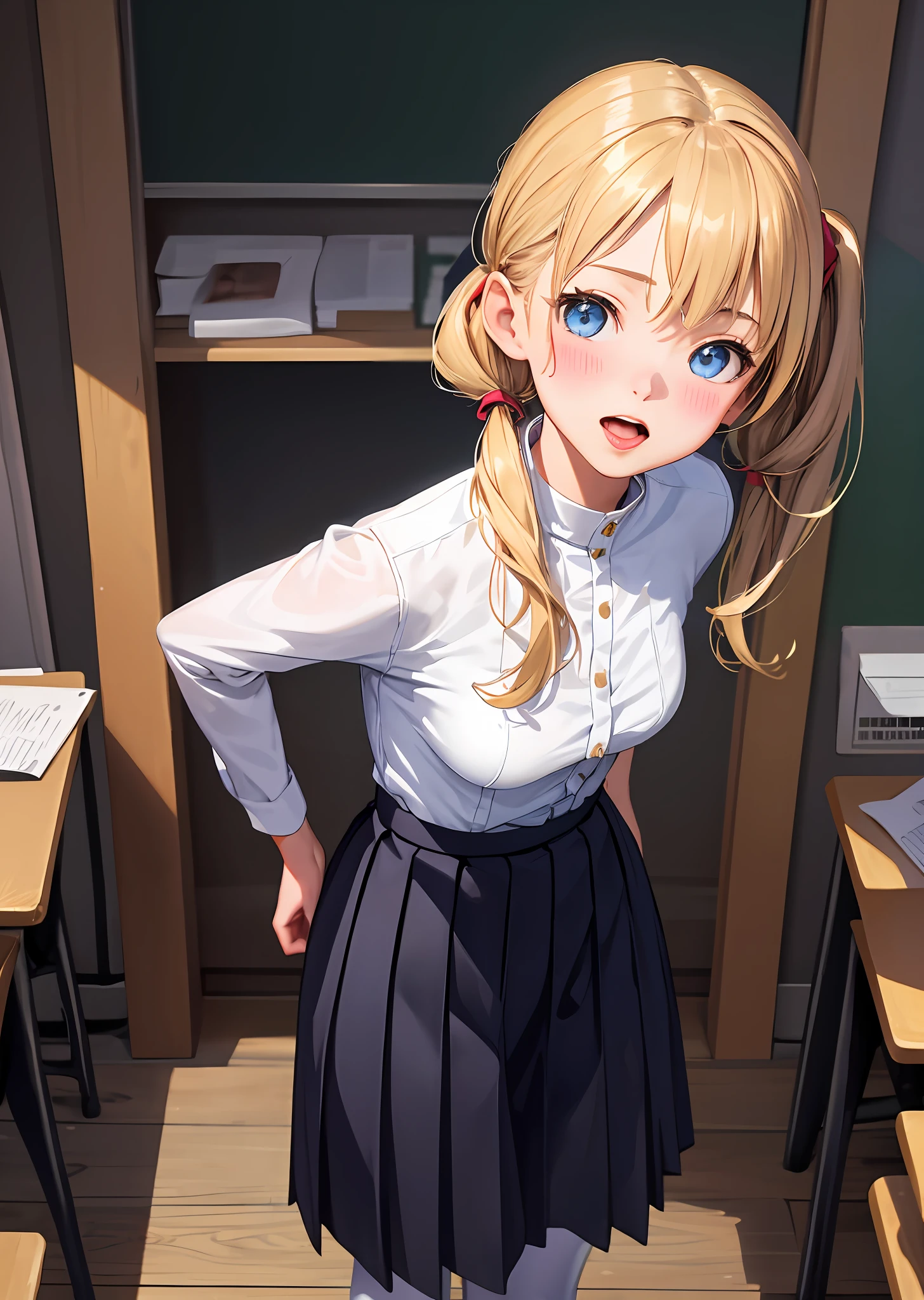 small breasts, (masterpiece, best quality:1.1), long hair, twintails, (realistic painting style:0.9), blonde, blue eyes, in classroom,  (((1girl))), ahegao, (realistic:1.3), cute, open mouth, tongue out, (shake effect, shaking:1.2), euphoria, sweat, absurdres, breasts out, blush, (skirt:1.3), white bodysuit, squat, looking on viewer, white thigh highs, standing, (((1girl))), peeing trembling,