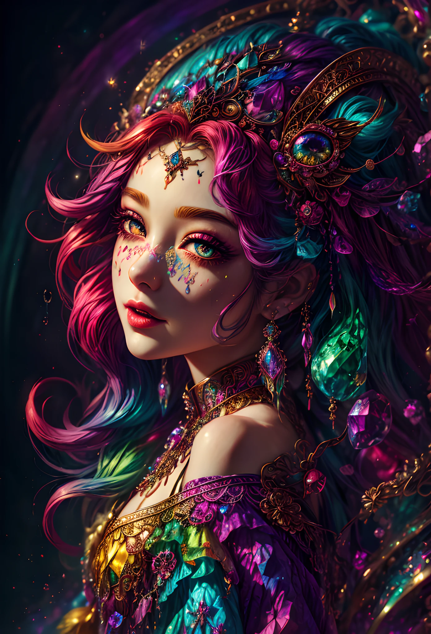 this artwork should be colorful and evoke feelings of euphoria and ecstasy. generate a beautiful fantasy woman with an interesting and dynamic manic expression. the woman is dressed in the style of harajuku decora fashion. there are many intricate and highly detailed decora fashion accents. clothing is ornate and extravagant with contrasting colors, textures, and patterns. include strong influences from lisa frank. include many awe-inspiring fantasy elements. ((include phantasmal iridescence, crystals, bumps, and rainbow colors that drip like paint through the artwork.)) rainbow paint should drip through hair and onto face and body. pay particular attention to a beautifully detailed face with realistic shading. include 8k eyes, highly detailed eyes, realistically detailed eyes, macro eyes, bright eyes. the overall feeling of this artwork should be happiness and excitement. the artwork should be highly ornate. impress me. the artwork should be highly creative and ultra ornate. include many decora decorations and accessories. (fantasy00d), high quality, highres, detail enhancement