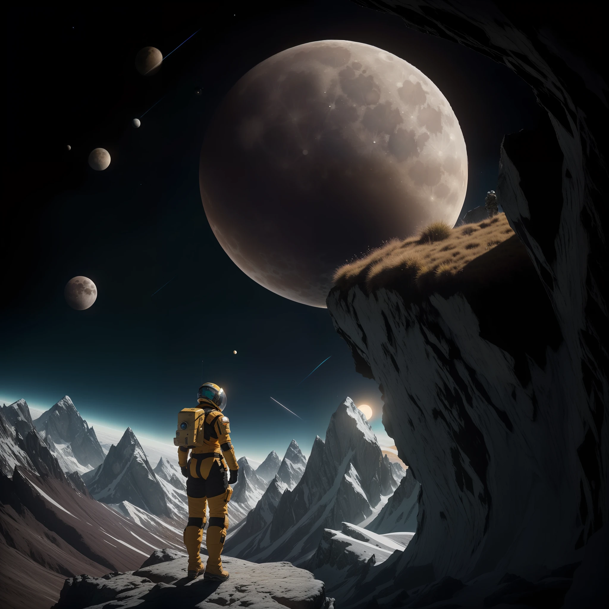 rear angle, highly detailed RAW color photo, rear angle, full body, from (female space soldier, wearing yellow and black space suit, helmet, face shield, rebreather, accented booty), outdoors, (looking at advanced alien structure, on alien planet), toned body, big ass, (science fiction), (mountains: 1.1), (lush green vegetation), (two moons in the sky: 0.8), (highly detailed, hyperdetailed, intricate), ((DAY TIME)), (lens flare:0.7), (bloom:0.7), particle effects, raytracing, cinematic lighting, shallow depth of field, photographed on a Sony a9 II, 50mm wide-angle lens, sharp focus, cinematic film from Gravity 2013, over the shoulders