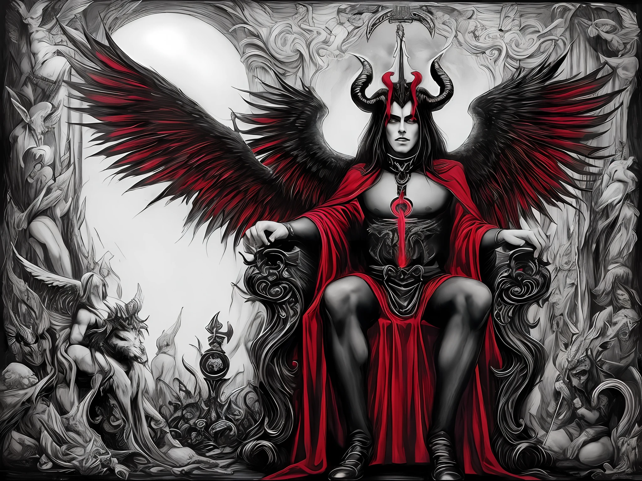 a black and red drawing of an angel sitting on a throne, baphomet, satanism, satanic body, lucifer, of lucifer, ((((occult art)))), occult inspired, dagoth ur, satanic wings, satanic symbolism, satanic ritual, with hellish devil wings, in style the demon seated, aleister crowley with baphomet, asmodeus