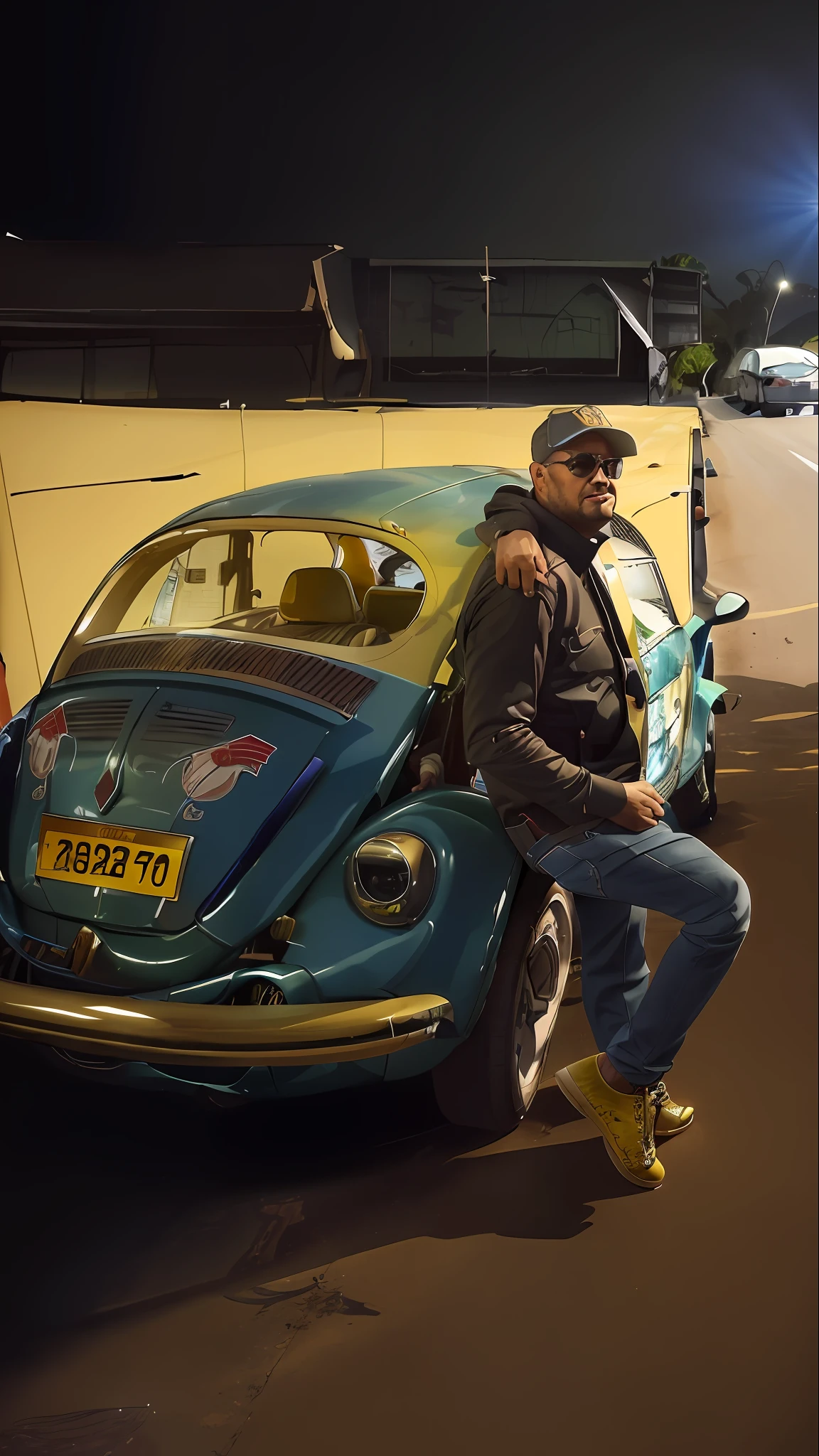 there is a man sitting on the back of a blue car, beetle, album photo, by Joseph Pisani, standing in front of lowrider, by Gina Pellón, by Amelia Peláez, posing!!, triumphant pose, beatle, in sao paulo, by Aleksander sis, by Samuel Silva, by Victoria Francés, by Matteo Pérez