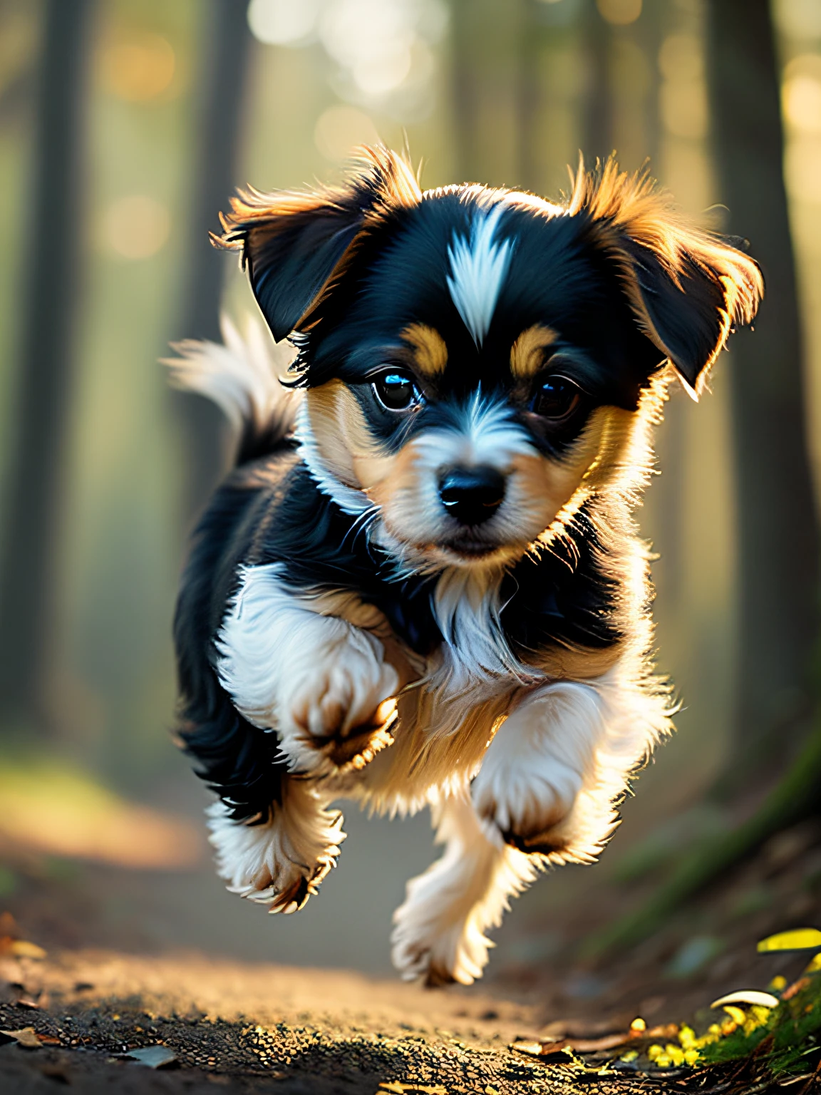 close-up photo of a very cute Yorkshire breed jumping puppy, black and brown running in the woods, soft volumetric lights (backlighting: 1.5), (cinematics: 1.5), intricate details (ArtStation: 1.3), Rutkowski