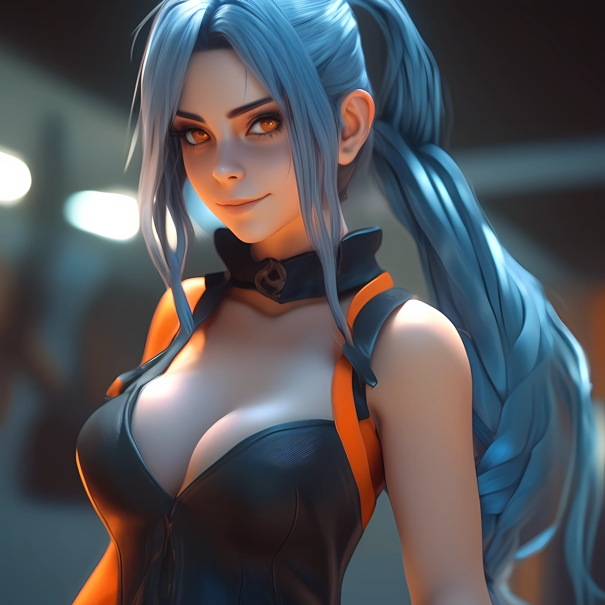 1girl, black|orange tightdress,big breasts,cleavage, looking at the viewer, dynamic pose, streaked hair, light blue hair, long braid, mole under eye, evil smile, Verism, ray tracing, film grain, chromatic aberration abuse, cowboy shot, f/1.8, 85mm, Sony FE, masterpiece, super detail, best quality, UHD, textured skin