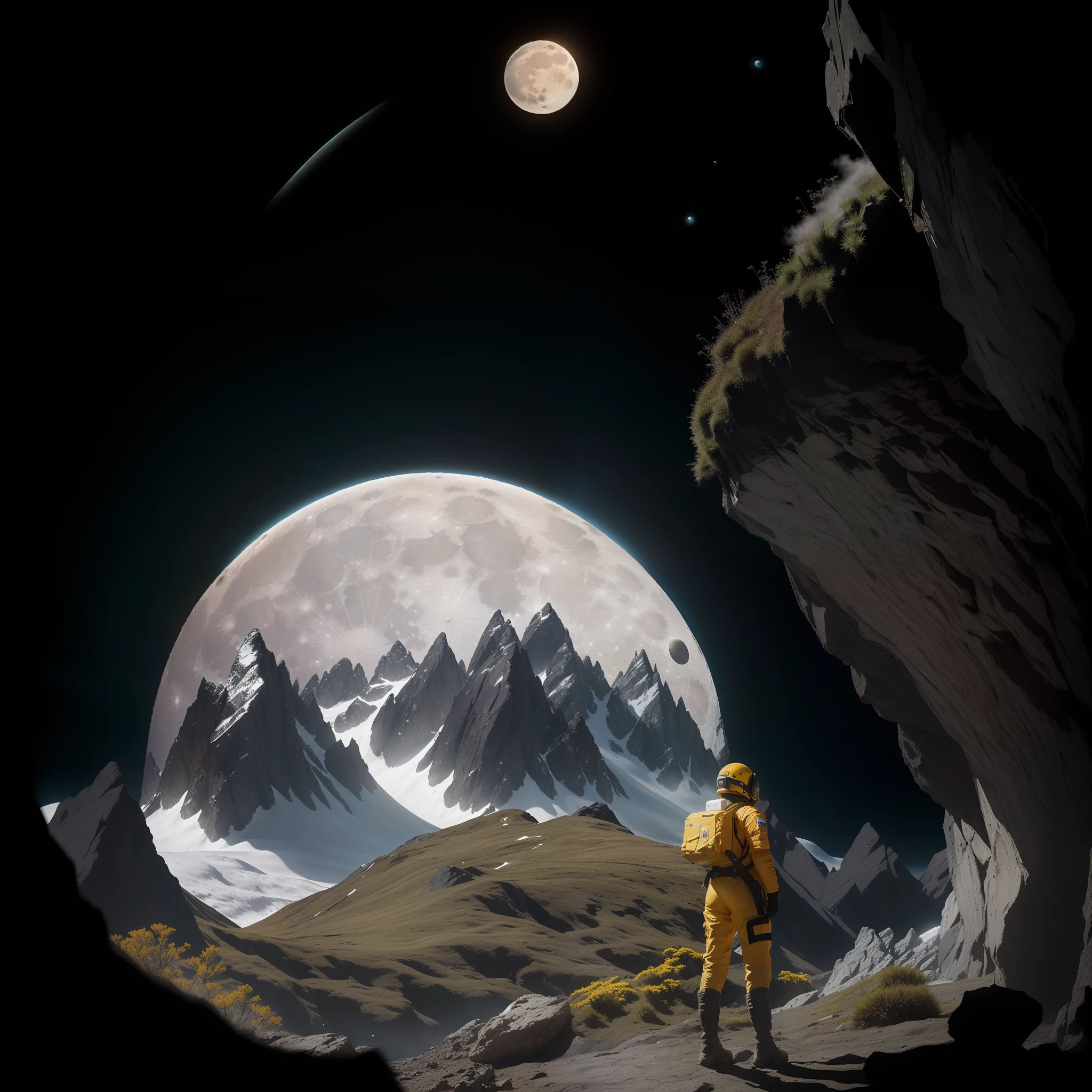 rear angle, highly detailed RAW color photo, rear angle, full body, from (female space soldier, wearing yellow and black space suit, helmet, face shield, rebreather, accented booty), outdoor, (looking at advanced alien structure, on alien planet), toned body, big ass, (science fiction), (mountains: 1.1), (lush green vegetation), (a moon in the sky: 0.8), (highly detailed, hyperdetailed, intricate), ((DAY TIME)), (lens flare:0.7), (bloom:0.7), particle effects, raytracing, cinematic lighting, shallow depth of field, photographed on a Sony a9 II, 50mm wide-angle lens, sharp focus, cinematic film from Gravity 2013, behind
