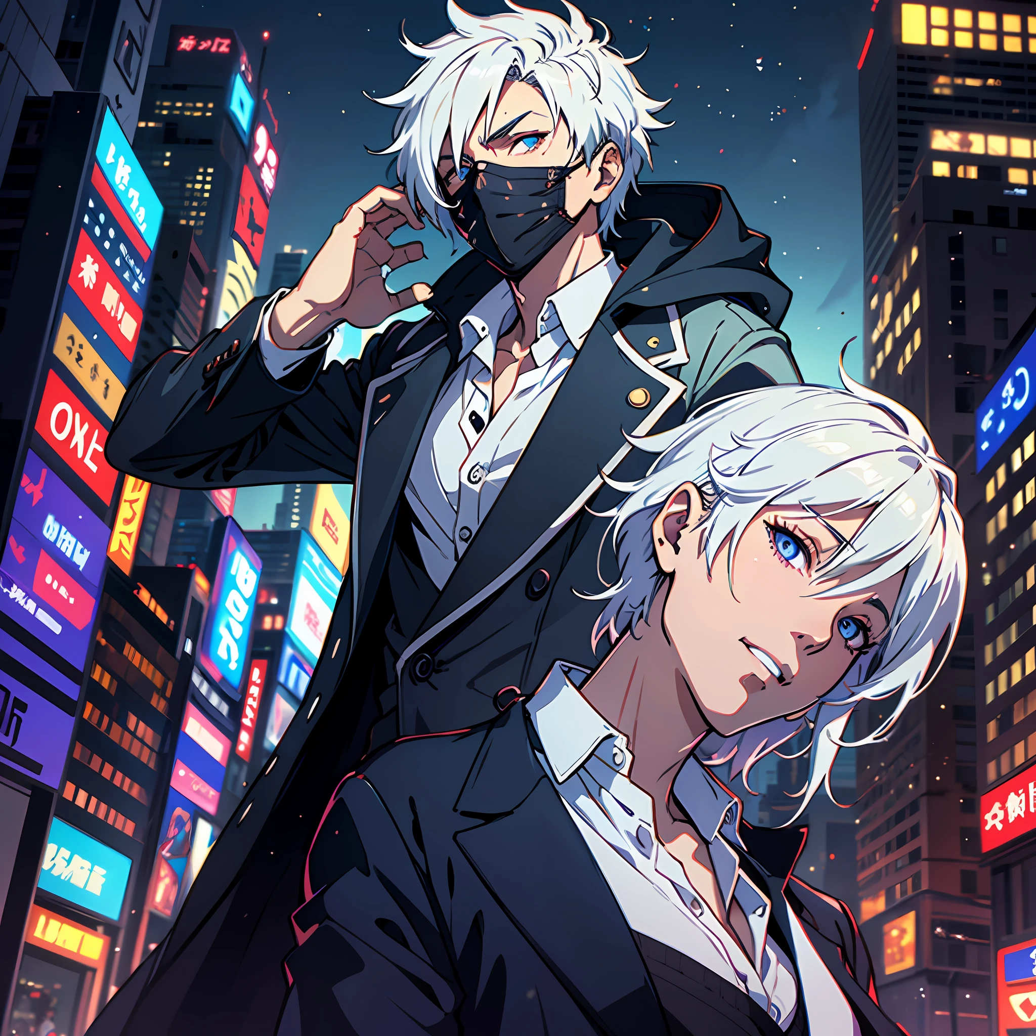 By makoto shikai,Anime boy, platinum hair, spiky hair,white eyelashes,smirk, Wearing a trench coat suit and tie, City,night, hoodie covering face, glowing purplish white eye,reaper,8k,16k, HD, unparalleled masterpiece, dynamic lighting,best resolution,((cinematic)),((best quality)), dynamic angle, dynamic poses, epic