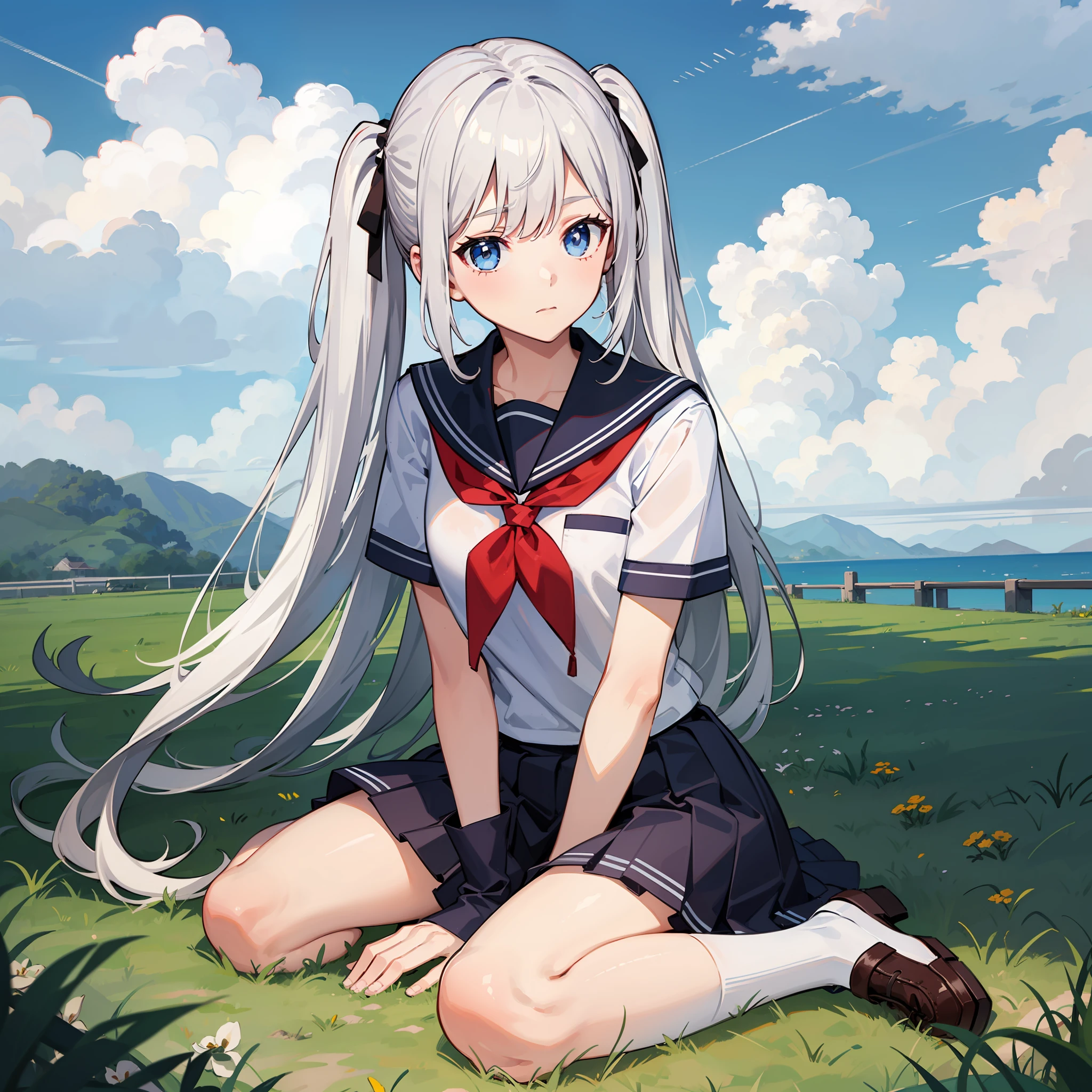 white hair, blue eyes,school uniform, cloudy sky, full body, grass,looking at viewer, wariza, twintails,front,silver hair, sit,