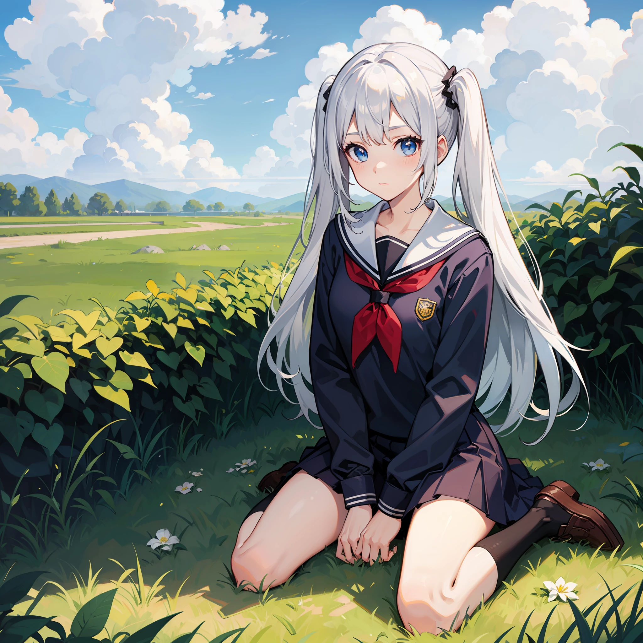 white hair, blue eyes,school uniform, cloudy sky, full body, grass,looking at viewer, wariza, twintails,front,silver hair, sit,