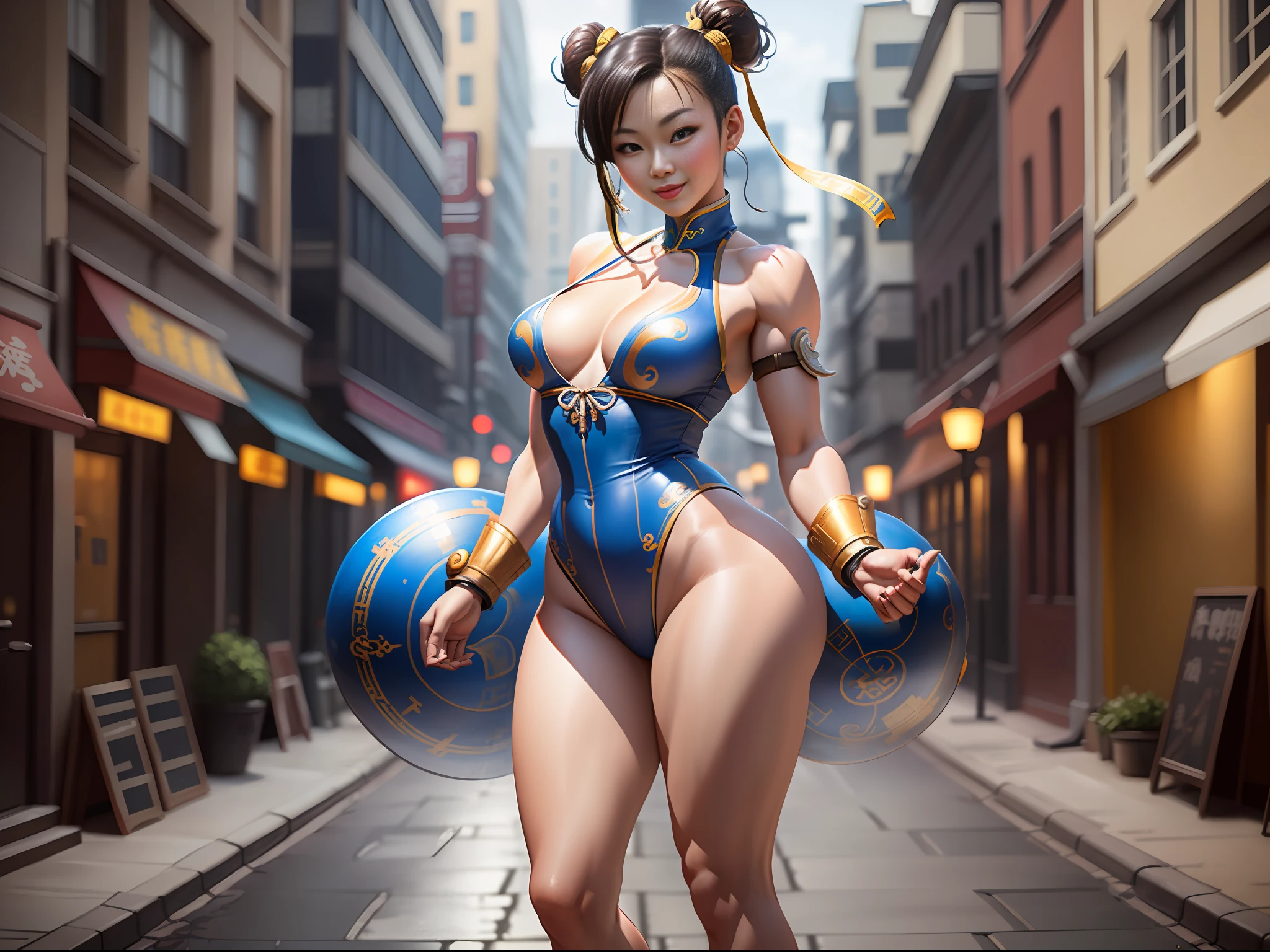 masterpiece, ultra high quality, ultra high definition, 8K, totally realistic, Chun-Li Zhang, extremely beautiful, alone, full body, highly detailed face, fully detailed eyes, perfect eyes, perfect features, very beautiful body, perfect body, cheerful smile, posing, Street Fighter V