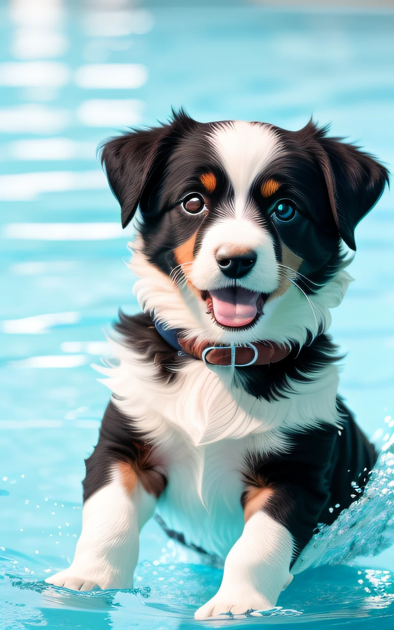 hyper Quality,Cute two Border Collie puppies,different body colors,swimming in the pool,smile,black eyes,barking,narrow eyes,smile,eos r3 28mm --auto