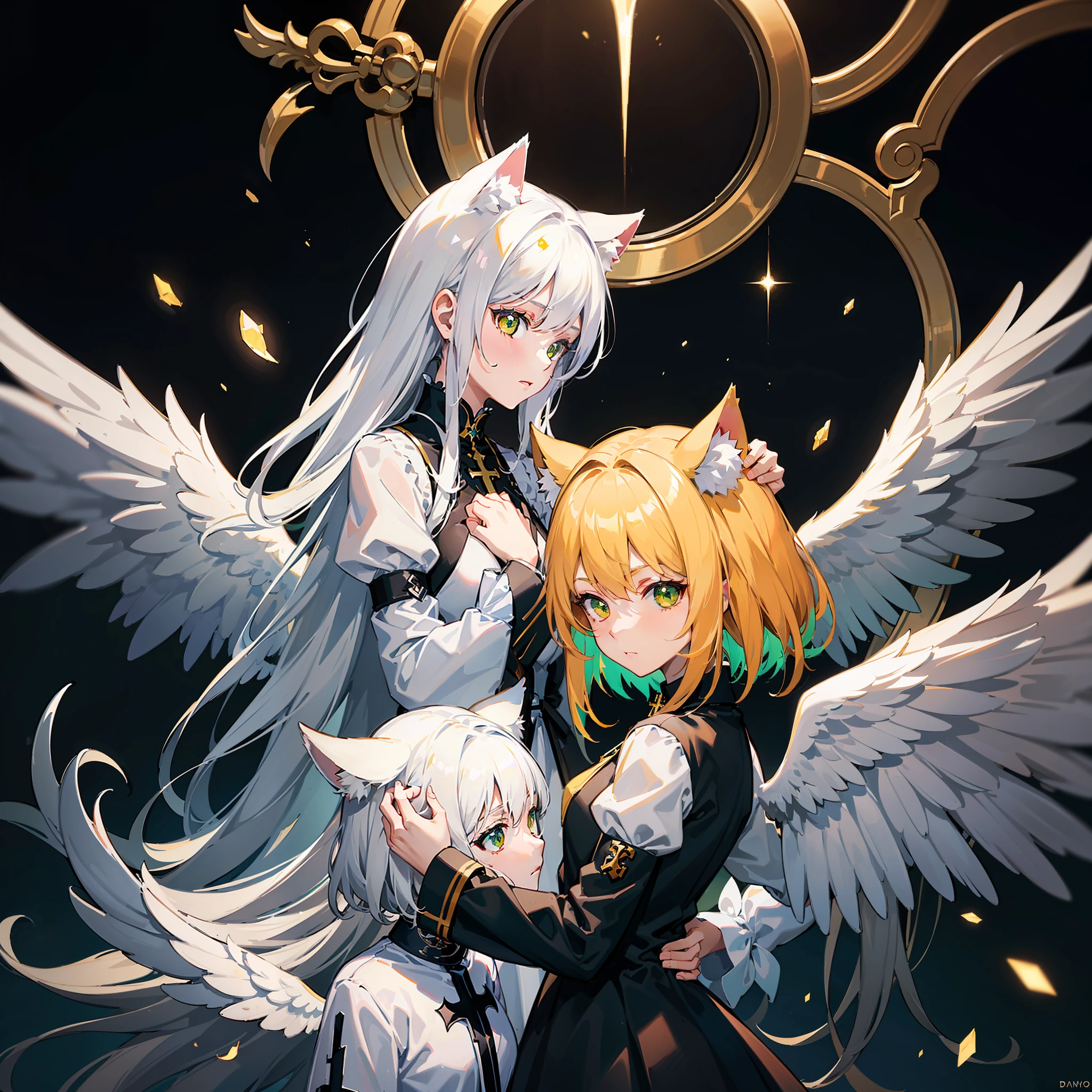 (High Quality) (4K) (Unity Wallpaper) 2girls, white dog ears, white hair, black eyes maiden, demon, black wings, yellow cat ears, yellow hair, green eyes maiden, angel, white wings, by the broken mirror, the center of the world, heaven, the transmission of light, day and night, cross.