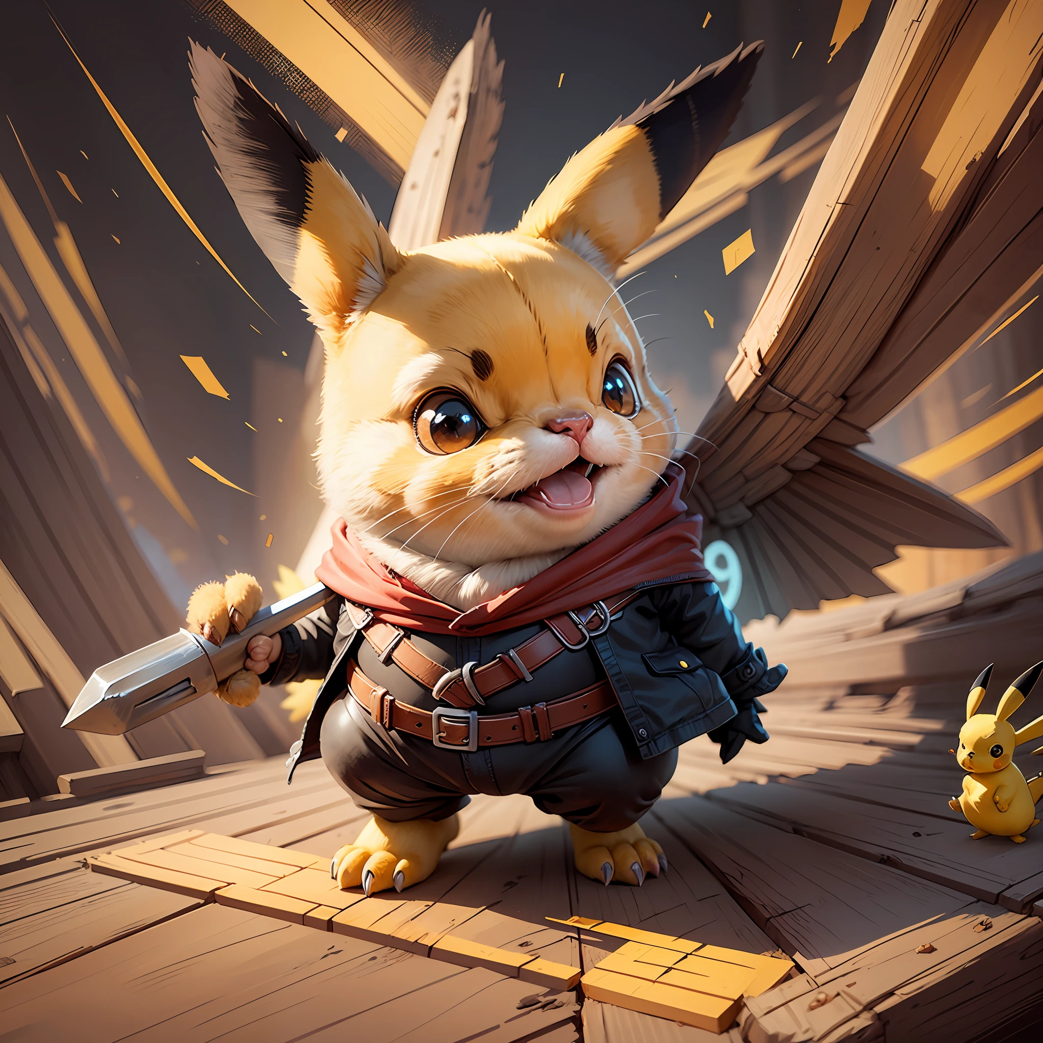Start with a basic sketch of Pikachu, with a Thor hammer in one hand and wearing a red cape with gold accents.
Add some Thor features such as a helmet with wings and boots with metal details to add a more authentic touch to the character.
To give Pikachu a fluffy touch, overdo the dimensions of his head and ears and add rosy cheeks.
Use vibrant, cheerful colors to bring your drawing to life, with shadows and highlights that create depth and texture.
Add a suitable background to the drawing, such as a scenario that shows Pikachu in action or a simple background that doesn't distract the character's attention.
To finish, add some clean and crisp lines that highlight the characteristics of the character and add a more "cartoon" touch to the drawing. --auto --s2