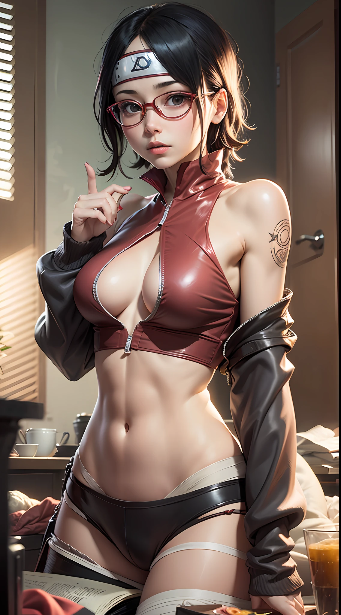 masterpiece, seductive, intimate:1.3), Sarada Uchiha, alone at home
