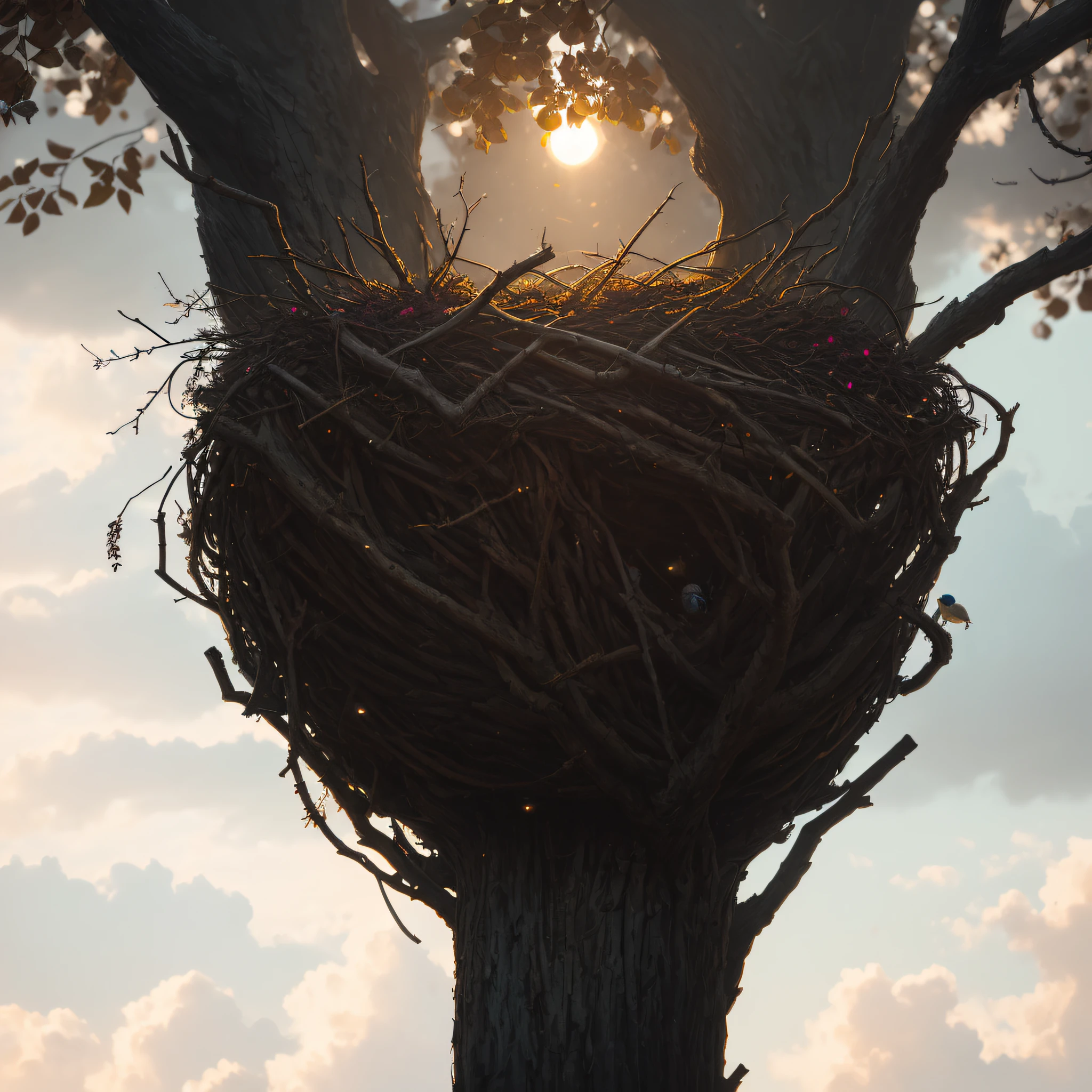 Close-up of a bird's nest in the branches of a tree, cloudy day, end of day, magic hour, realistic epic, portrait of, James Gilleard, by Joe Fenton, by Kaethe Butcher, yellow gradient, black, brown and magenta color scheme, grunge aesthetic!! soft cinematic light, adobe lightroom, photo lab, hdr, intricate, highly detailed, (depth of field: 1.4), faded, (neutral colors: 1.2), (hdr: 1.4) , (soft colors:1.2), hyperdetailed, (artstation:1.4), cinematic, warm lights, dramatic light, (intricate details:1.1), complex background, (rutkowski:0.66), (blue and orange:0.4)