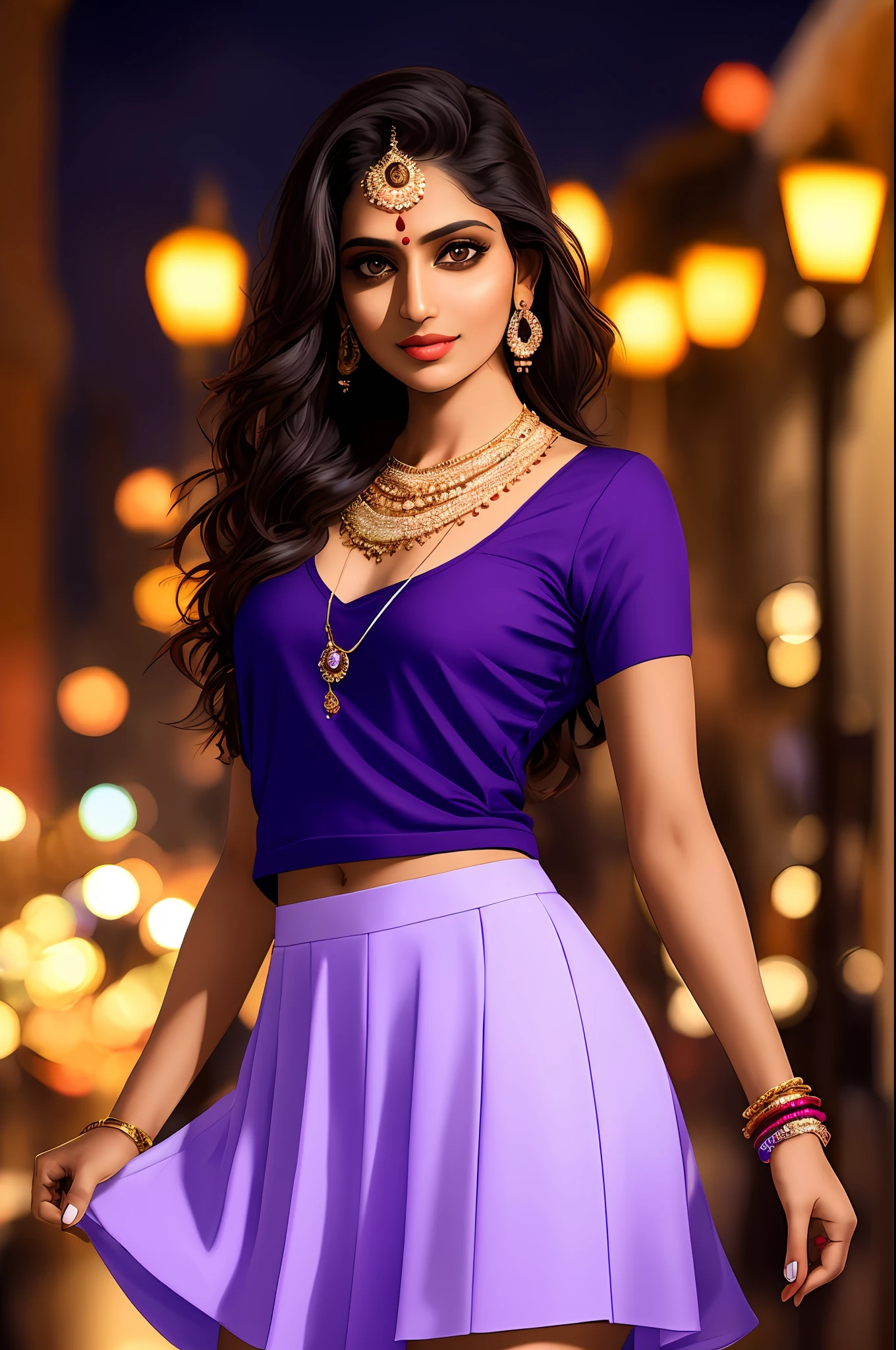 Sure! Here's an optimized prompt based on the given description:
"A seductive Indian girl, sexy face.adorned with exquisite jewelry, wearing a light sky blue top and light purple raffle skirt . Showcasing her legs in a realistic and highly detailed manner, she poses alluringly in front of the camera.In Landon street night scene. Sexy poses
