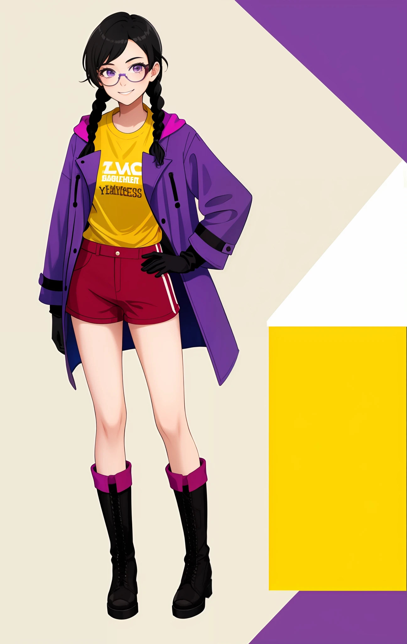Girl, , black hair braids, purple eyes, with glasses, wearing a purple coat, with a red shorts, boots, wearing yellow gloves, yellow T-shirt, smiling