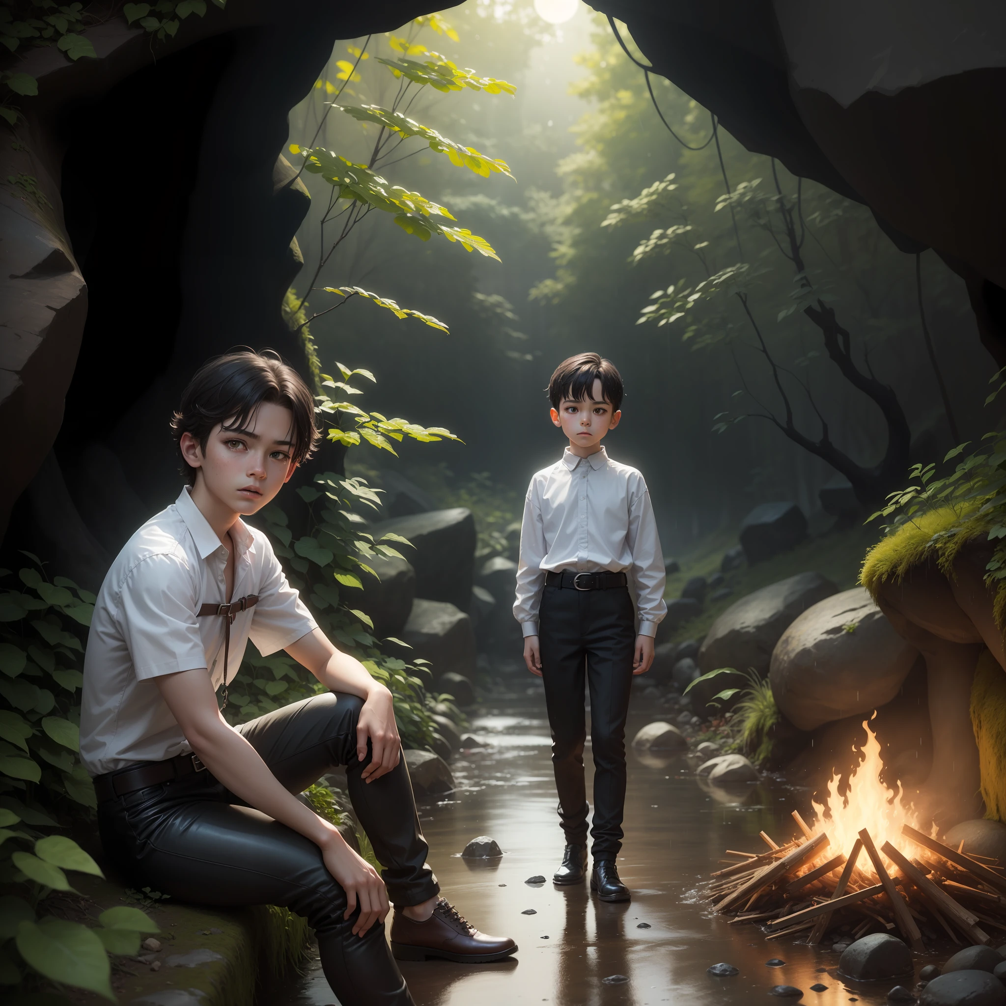 High quality realistic Anime style, high definition high quality realistic, shaded, photorealism, Ray tracing, 8k, uhd, masterpiece, male kid (und 9yo) alon young small bodysent medieval clothes white shirt with belts and brown leather pants, dirty clothes, black hair, distinguish and strong colored yellow eyes, sitting holding his ones, with cold, on the entrance of a cave, strong rain, dark mood, strong tempest, serious and lost expression. Stone cave in a Forrest surrounded by rain and no sunlight, bonfire, night time, moonlight