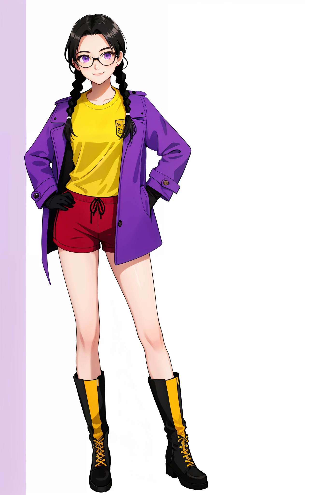 Girl, , black hair braids, purple eyes, with glasses, wearing a purple coat, with a red shorts, boots, wearing yellow gloves, yellow T-shirt, smiling