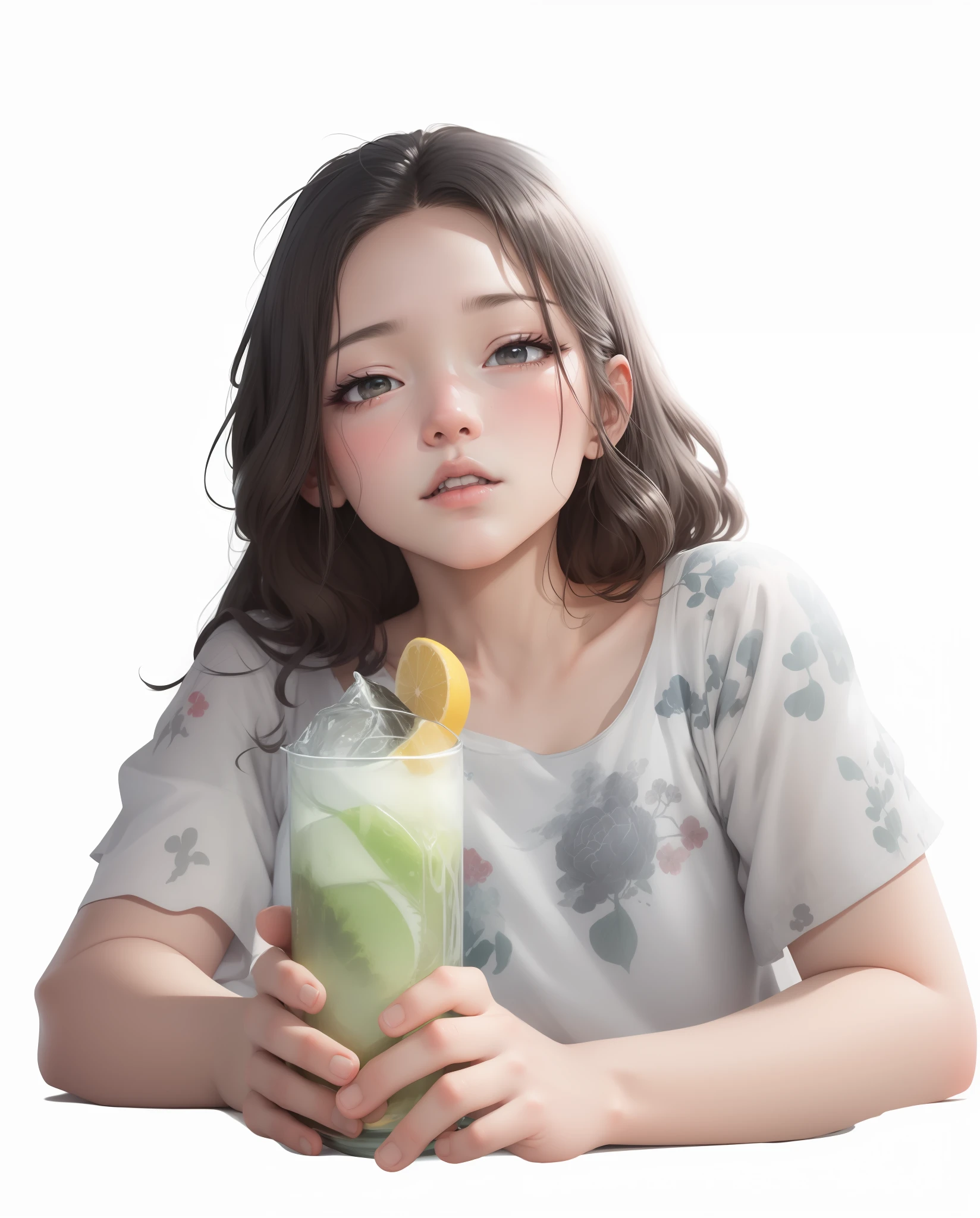 digital illustration, draft, black and white, 2d, Anime girl with black hair and a white shirt,
