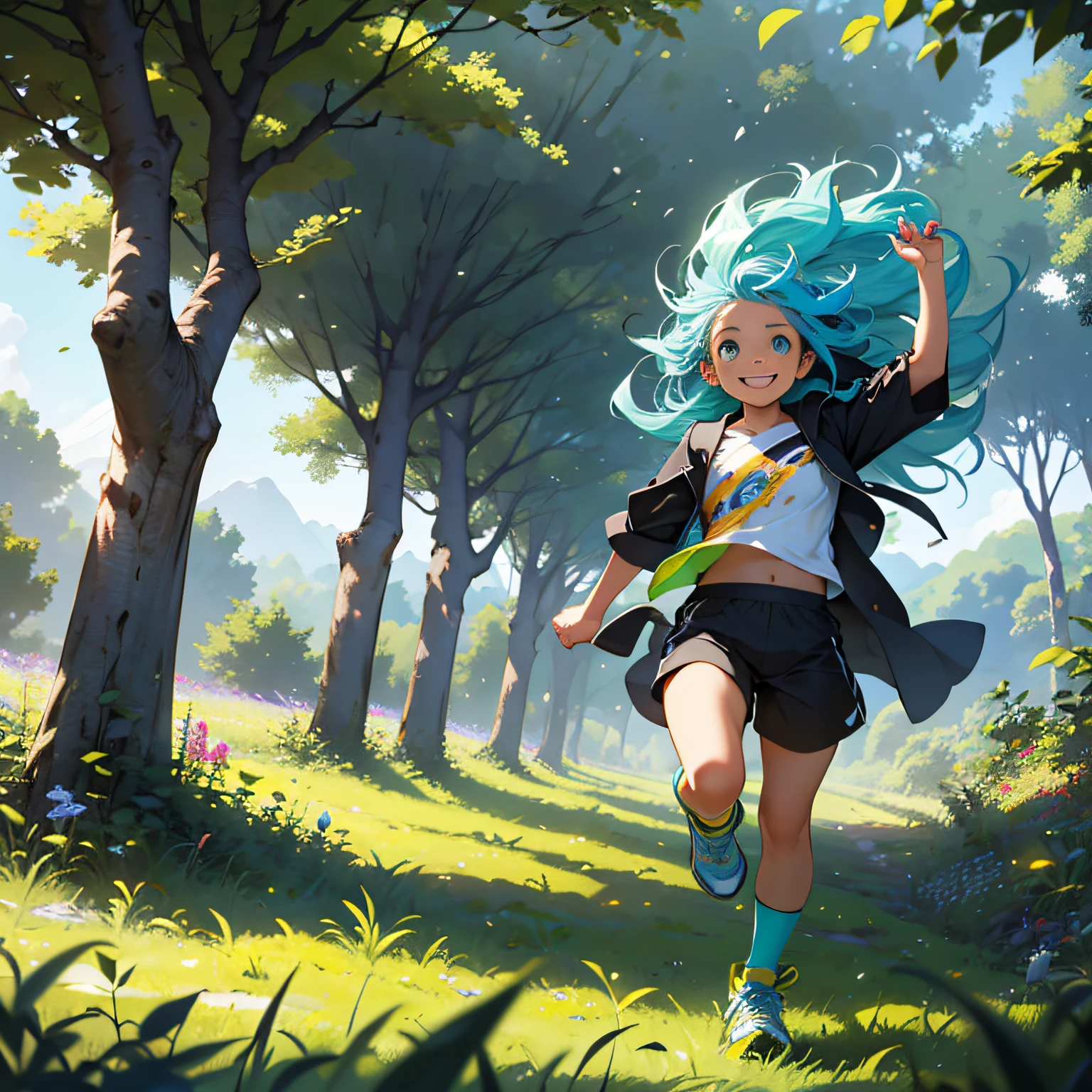 🌈😄🏞️ A  running in a verdant field with a radiant smile, hair in the wind, blue hair, light eyes and life size. The surrounding nature is lush and full of vibrant colors.