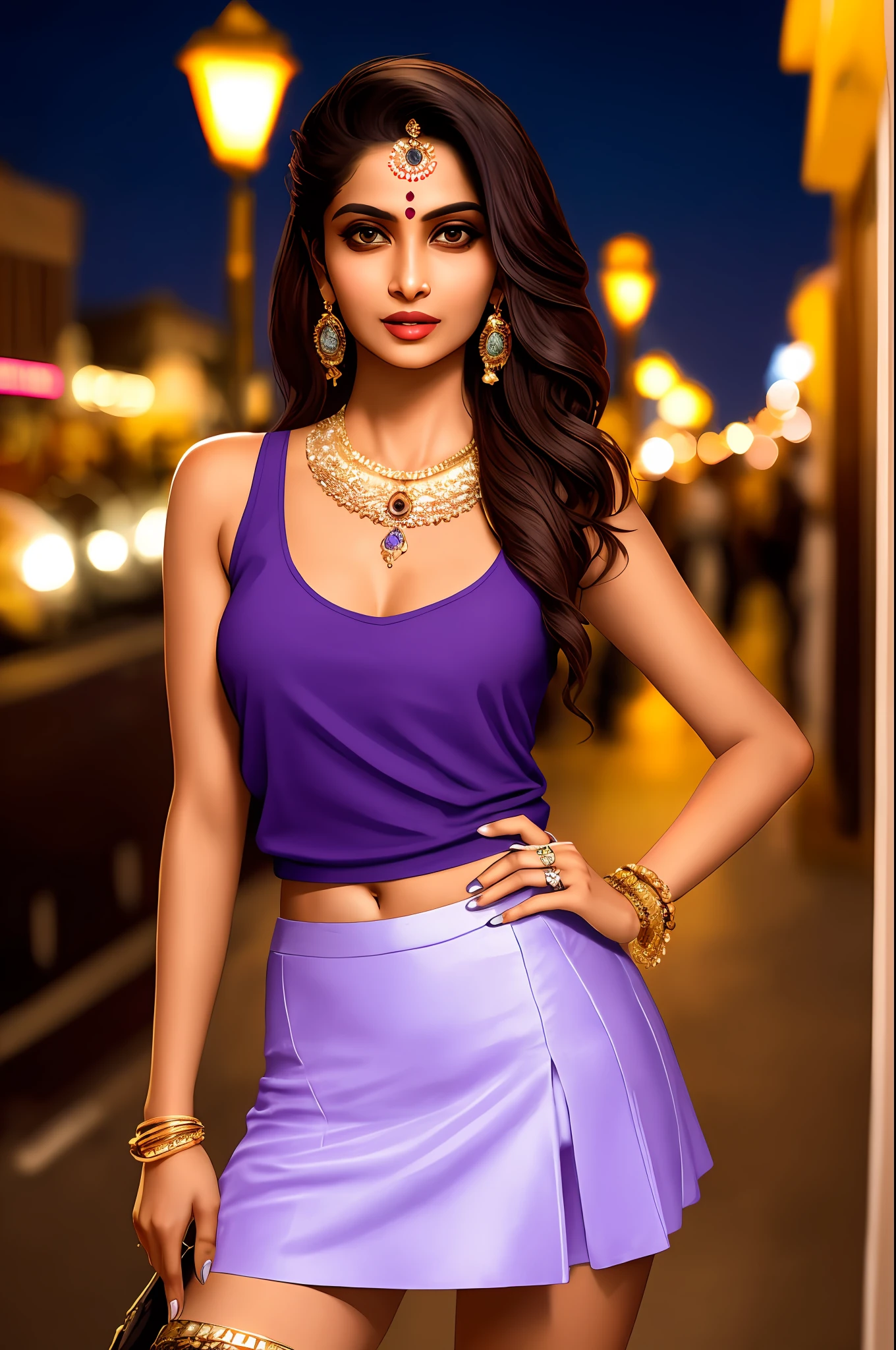 Sure! Here's an optimized prompt based on the given description:
"A seductive Indian girl, sexy face.adorned with exquisite jewelry, wearing a light sky blue top and light purple raffle skirt . Showcasing her legs in a realistic and highly detailed manner, she poses alluringly in front of the camera.In Landon street night scene. Sexy poses