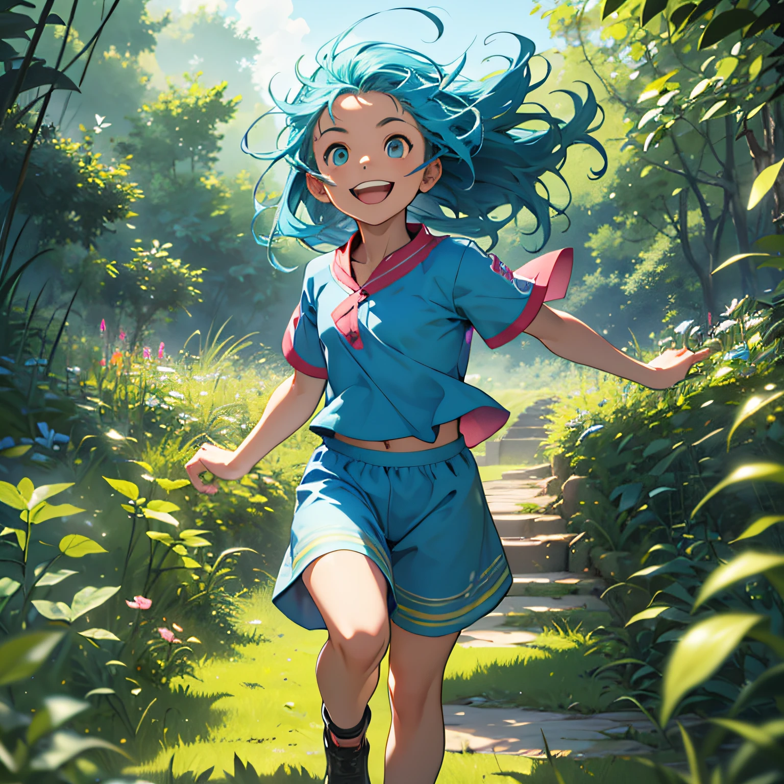 🌈😄🏞️ A child running in a verdant field with a radiant smile, hair in the wind, blue hair, light eyes and life size. The surrounding nature is lush and full of vibrant colors.