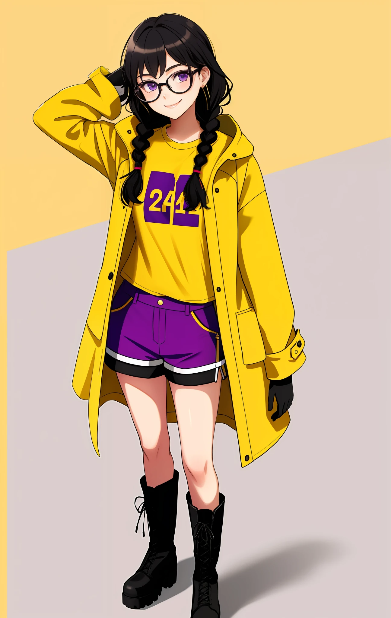 Girl, 15 years old, black hair braids, purple eyes, with glasses, wearing a purple coat, with a red shorts, boots, wearing yellow gloves, yellow T-shirt, smiling