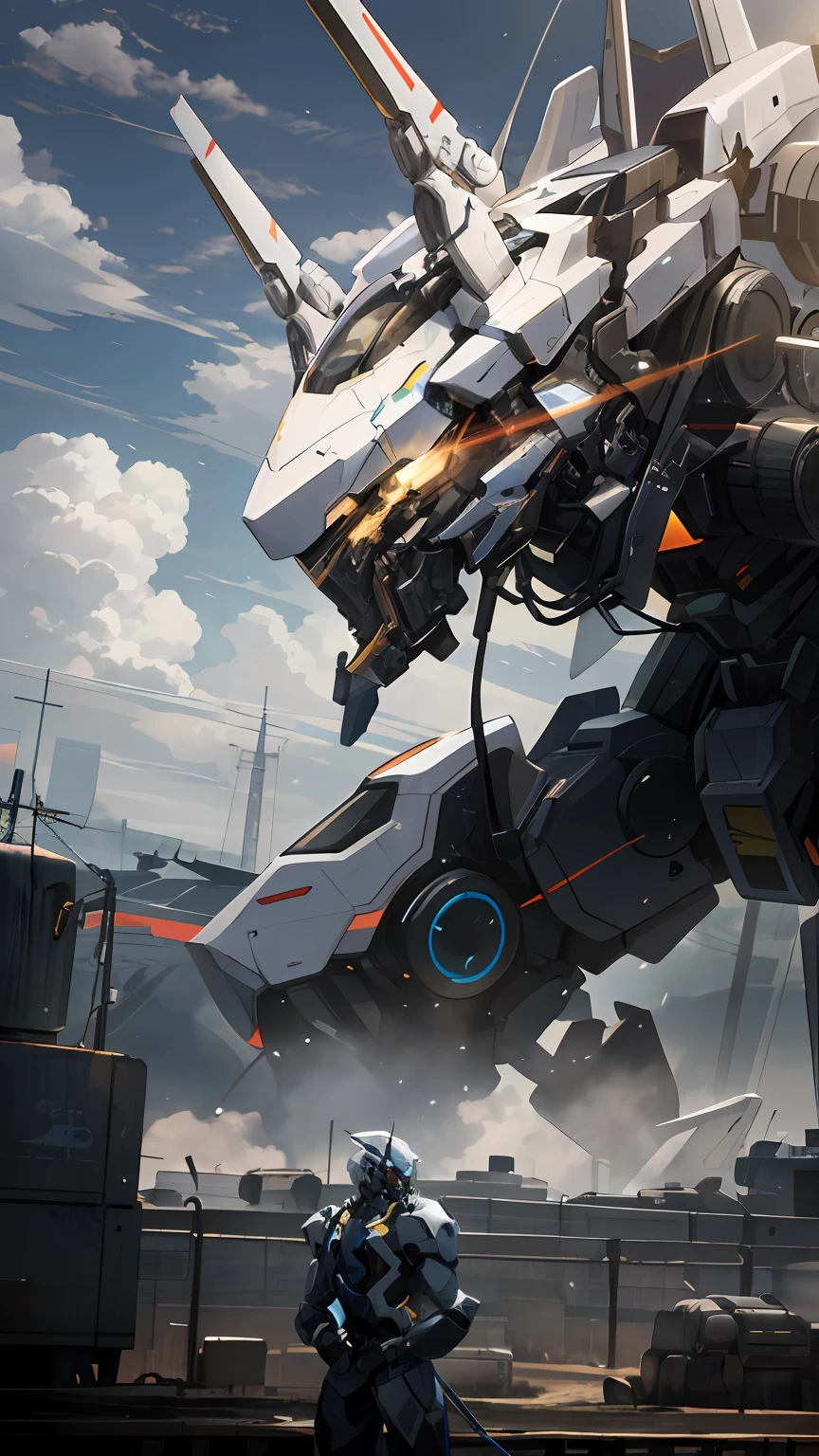 futuristic sci - fiction artwork of a man standing in front of a giant robot, alexandre ferra white mecha, mecha art, high quality digital concept art, mecha inspired, alexandre ferra mecha, cool mecha style, mecha asthetic, 4k highly detailed digital art, portrait of a mech, concept art wallpaper 4k