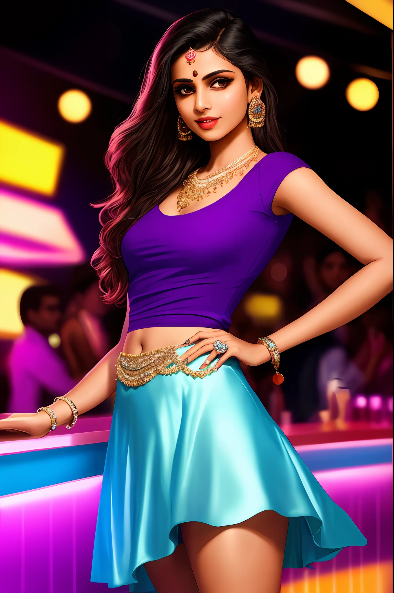 Sure! Here's an optimized prompt based on the given description:
"A seductive Indian girl, sexy face.adorned with exquisite jewelry, wearing a light sky blue top and light purple raffle skirt . Showcasing her legs in a realistic and highly detailed manner, she poses alluringly in front of the camera.In disco bar night scene. Sexy poses
