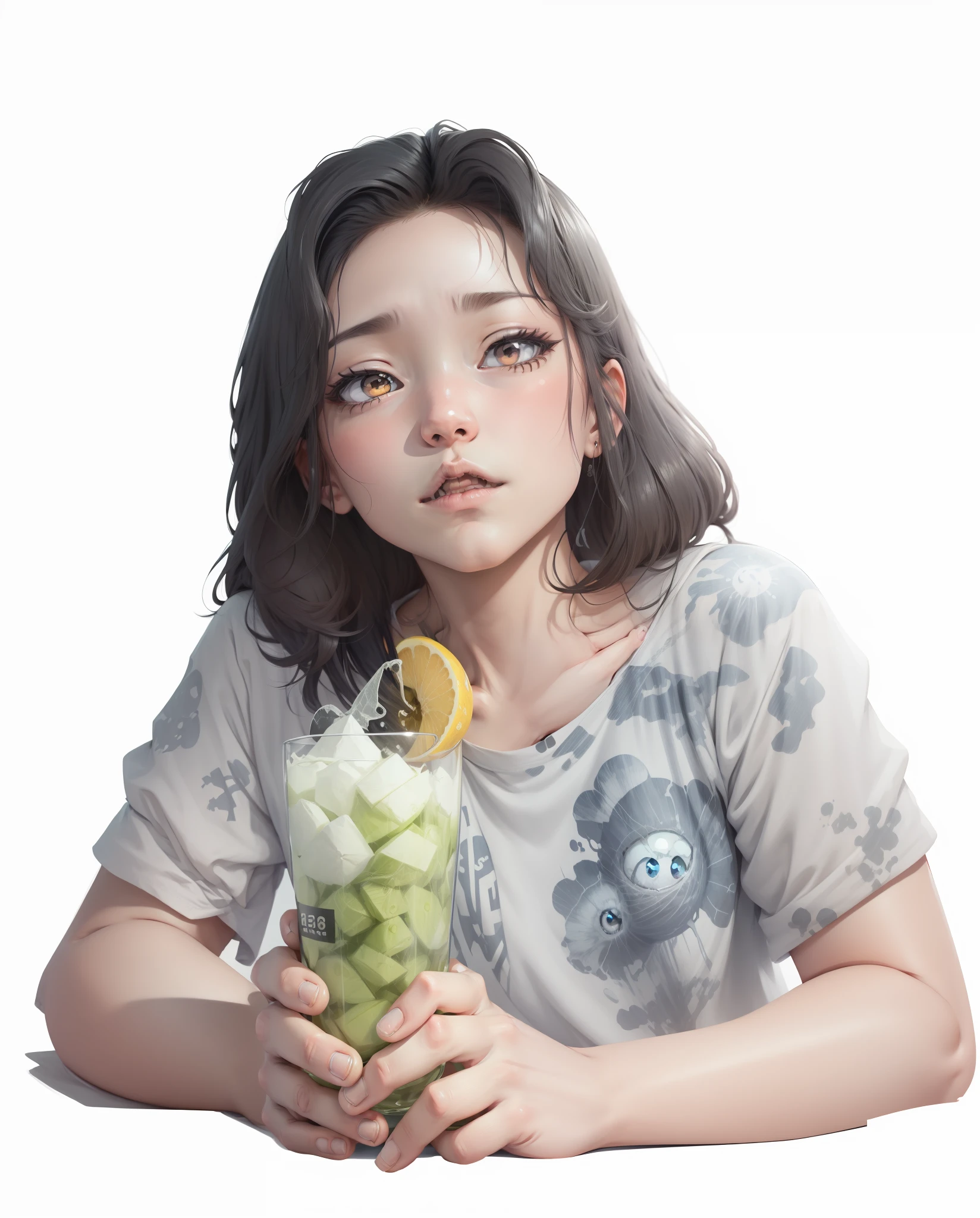 digital illustration, draft, black and white, 2d, Anime girl with black hair and a white shirt,