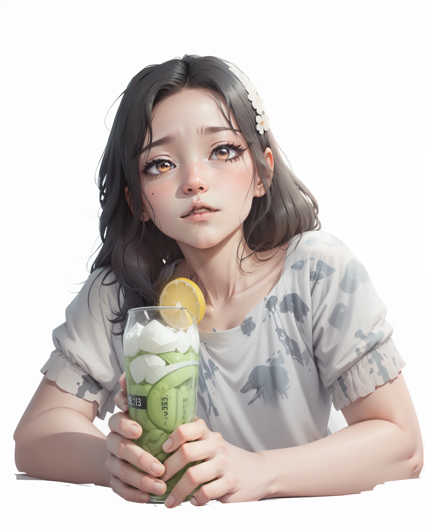 digital illustration, draft, black and white, 2d, Anime girl with black hair and a white shirt,